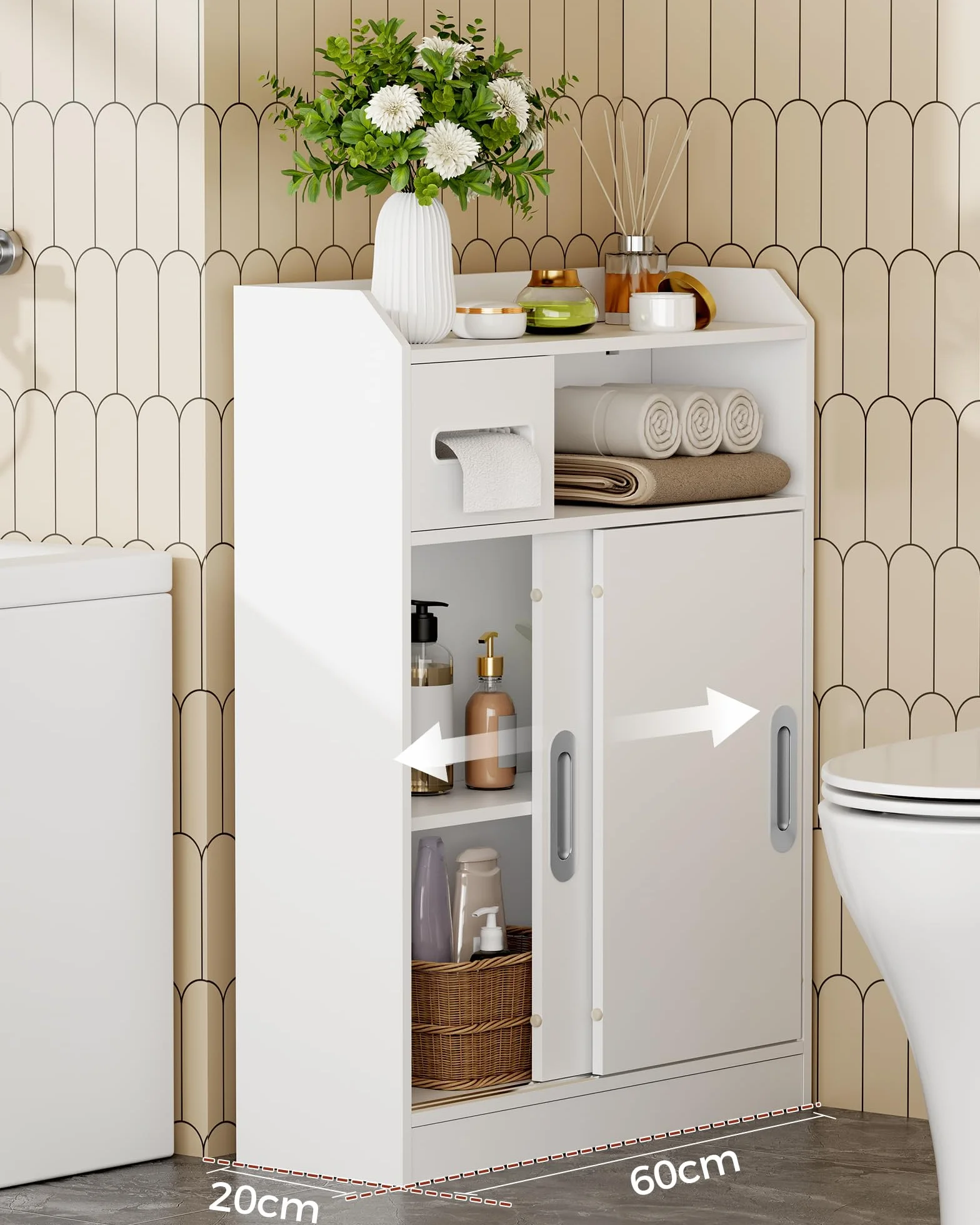 BEWISHOME Meuble de Salle de Bain avec Porte Coulissante et Poignées Intégrées,Meuble Toilette Gain de Place,Étagère Réglable et Support Papier Toilette,20x60x80cm,Blanc EYYG16W