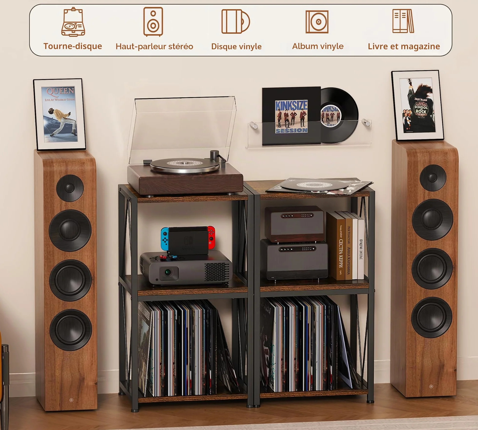 HFHOME Rangement pour disques vinyles à 3 niveaux, table d'appoint, meuble pour platine vinyle pour rangement et affichage de disques, support pour platine tournante dans le salon, la chambre, la