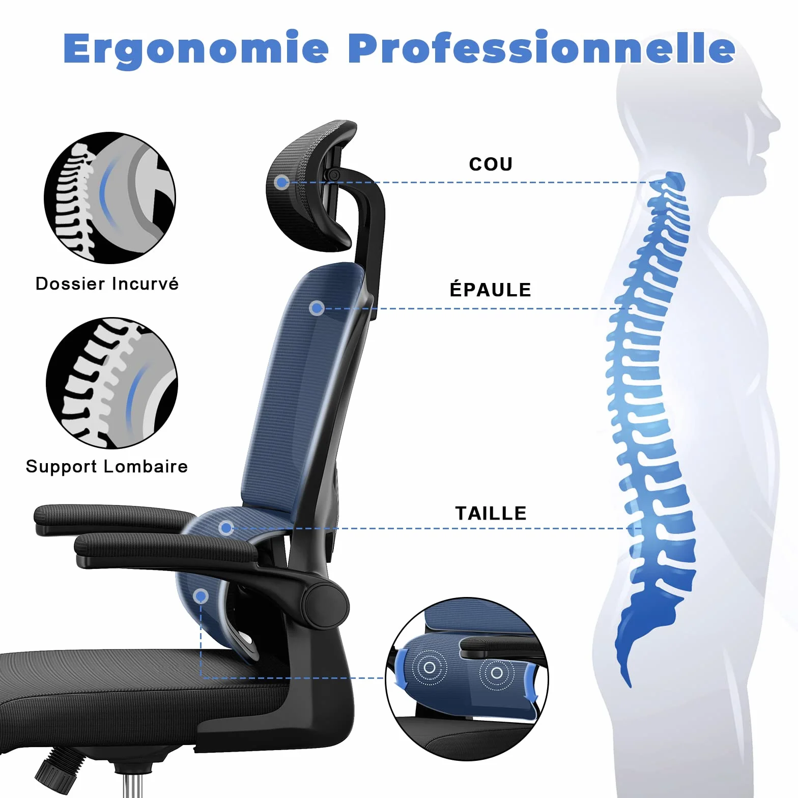 Chaise de Bureau Ergonomique Fauteuil Bureau Support Lombaire Dossier Appui-tête Réglables Accoudoir Réversible Siège Maille Respirante Noir