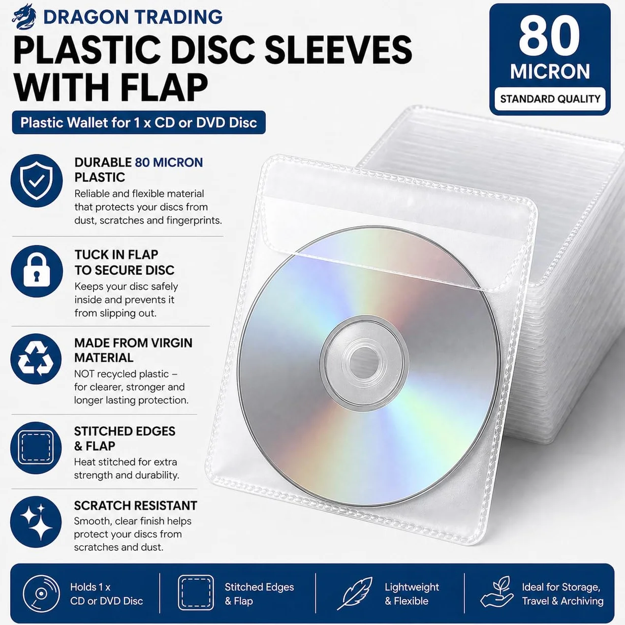 Dragon Trading 25 x CD DVD Disque en Plastique de Cas Transparent 80 microns Manches Wallet