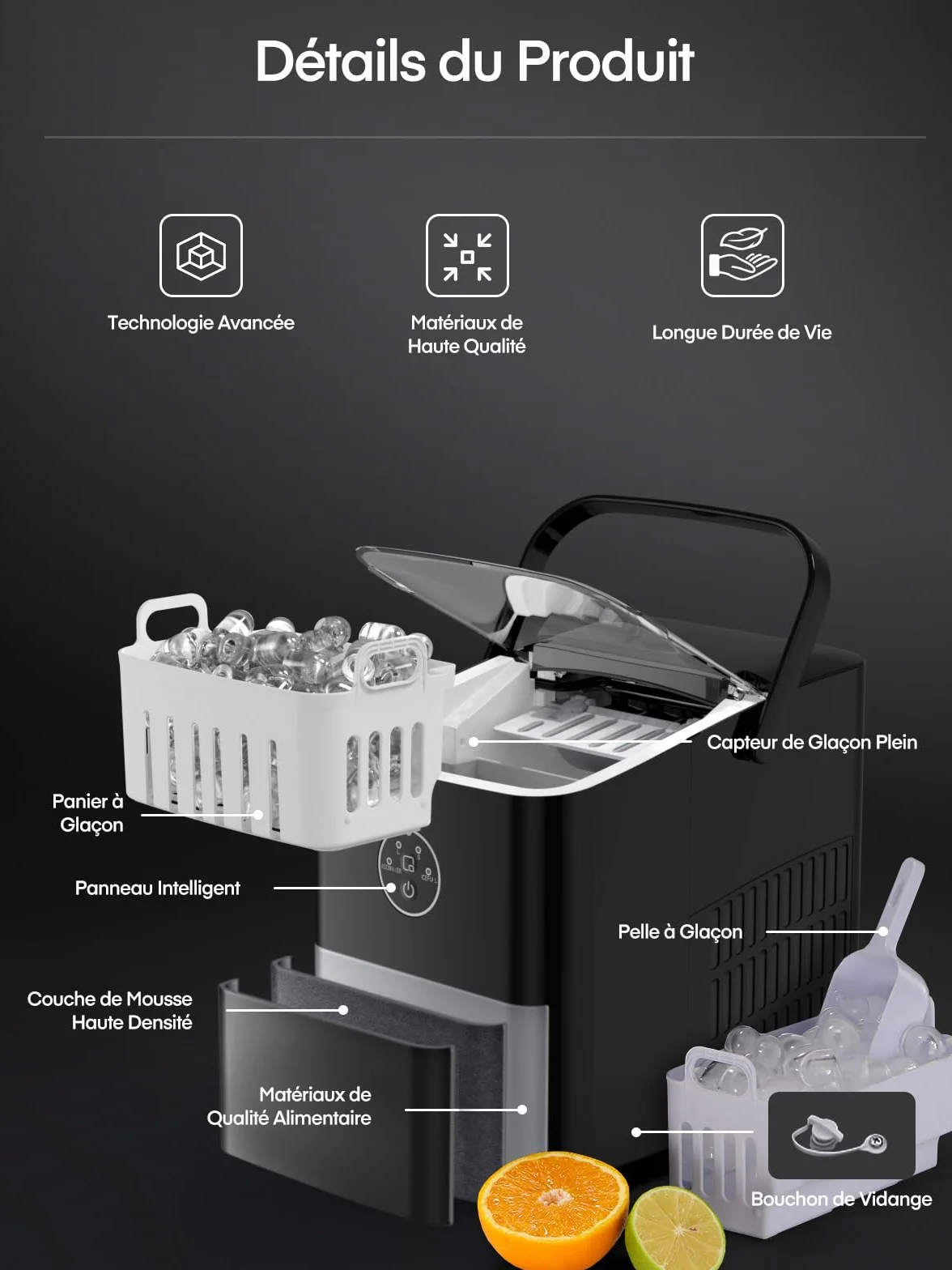FOHERE Machine à Glaçons 14kg/24h, 8 Glaçons en 8 Minutes, 2 Tailles, Autonettoyante, Ice Maker Comptoir avec Poignée