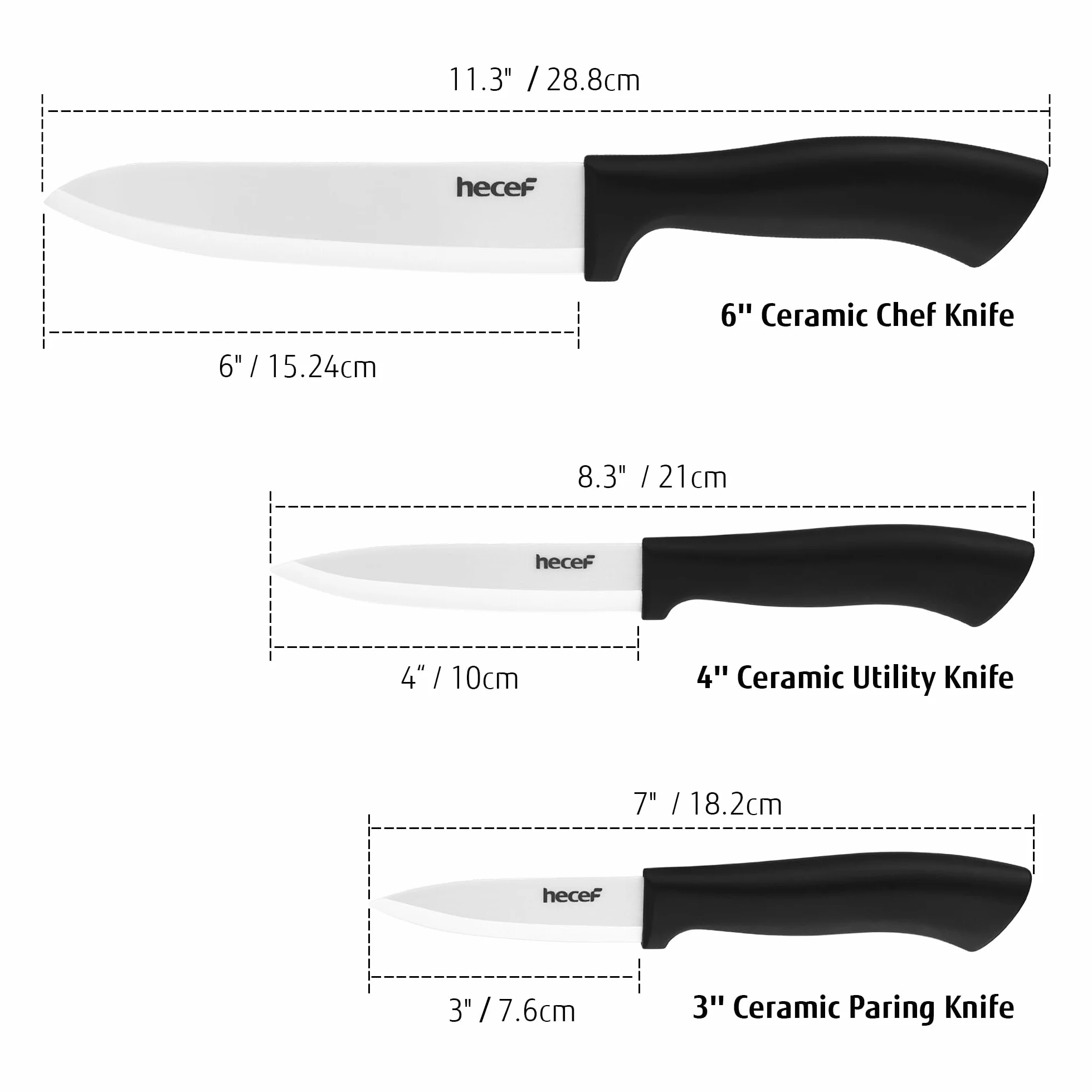 Couteau Céramique Cuisine 3 Pièces Set, 6" Chef, 4" Fruits, 3" Office Blanc