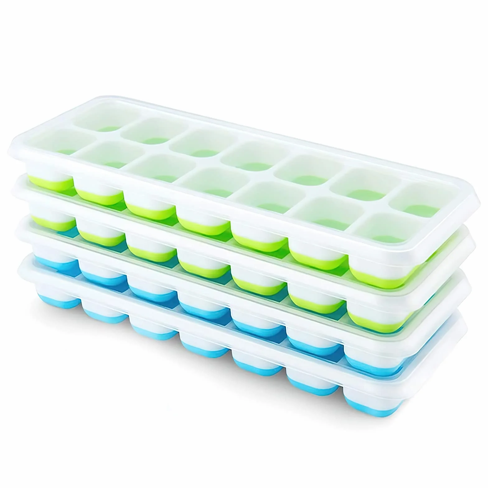 Airabc Lot de 4 bacs à glaçons en silicone avec couvercle, certifié LFGB sans BPA, carrés faciles à retirer Bleu/Vert