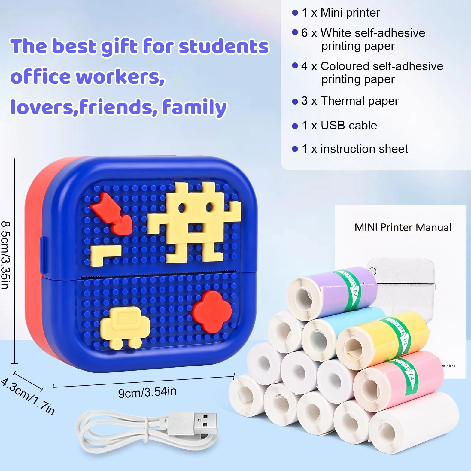 Mini drukarka, mobilna drukarka fotograficzna, przenośna mini drukarka fotograficzna, bezprzewodowa drukarka fotograficzna z 13 rolkami, do smartfona, drukarka Bluetooth, pomoc w nauce,