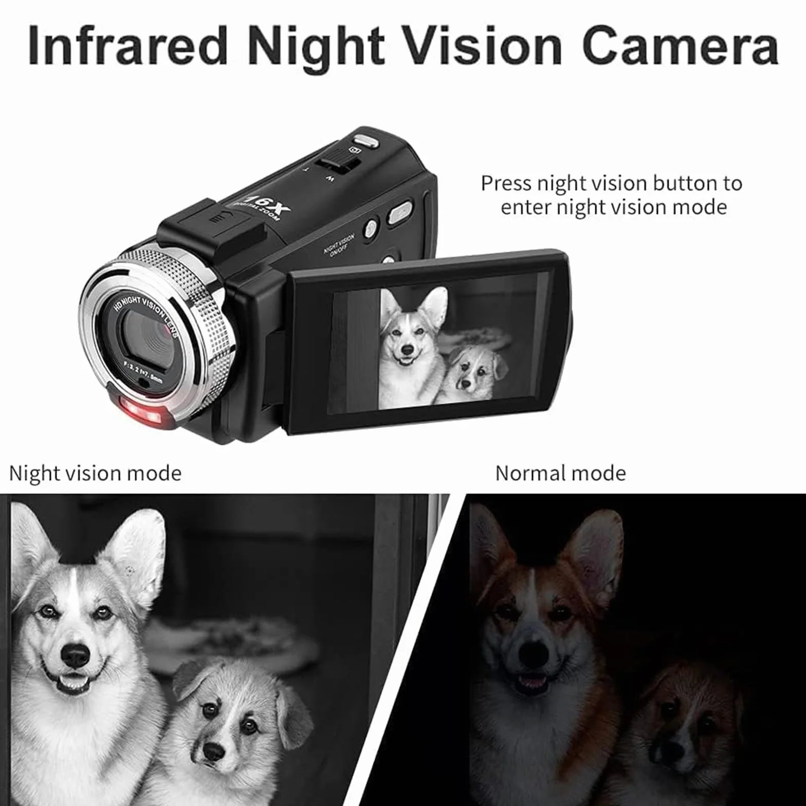 ORDRO Kamera wideo V12 Full HD 1080P 30FPS kamera noktowizyjna na podczerwień, ekran LCD 16-krotny zoom, z pilotem zdalnego sterowania z kartą pamięci 16 GB i 2 bateriami