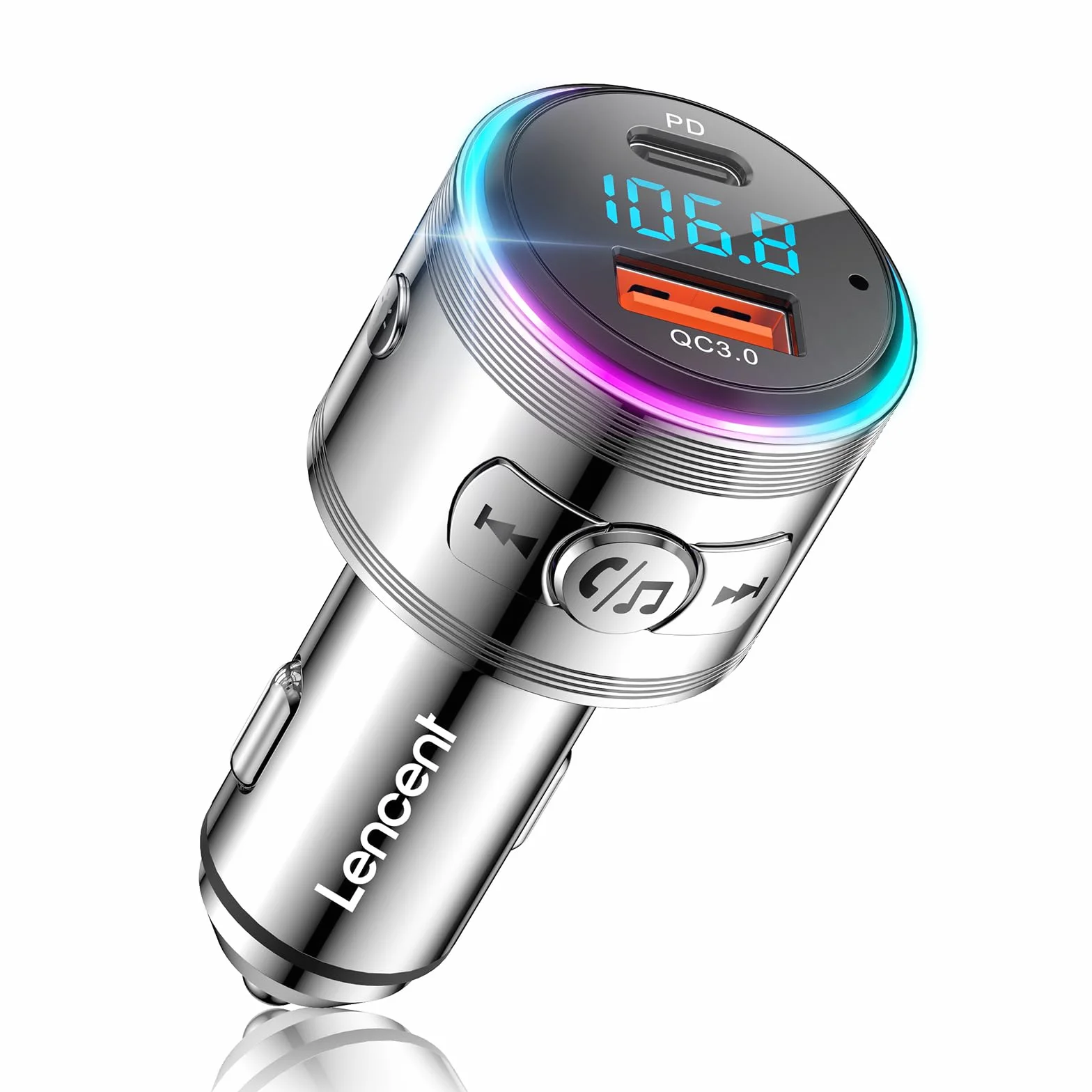 LENCENT 5.3 Samochodu Nadajnik FM Bluetooth, Bezprzewodowy Adapter Radiowy z D 20W Typ C+ QC3.0 ładowarka Fast USB, Zestaw Głośnomówiący, Zapalniczki Samochodowej, z Zestawem Głośnomówiącym, Hi-Fi