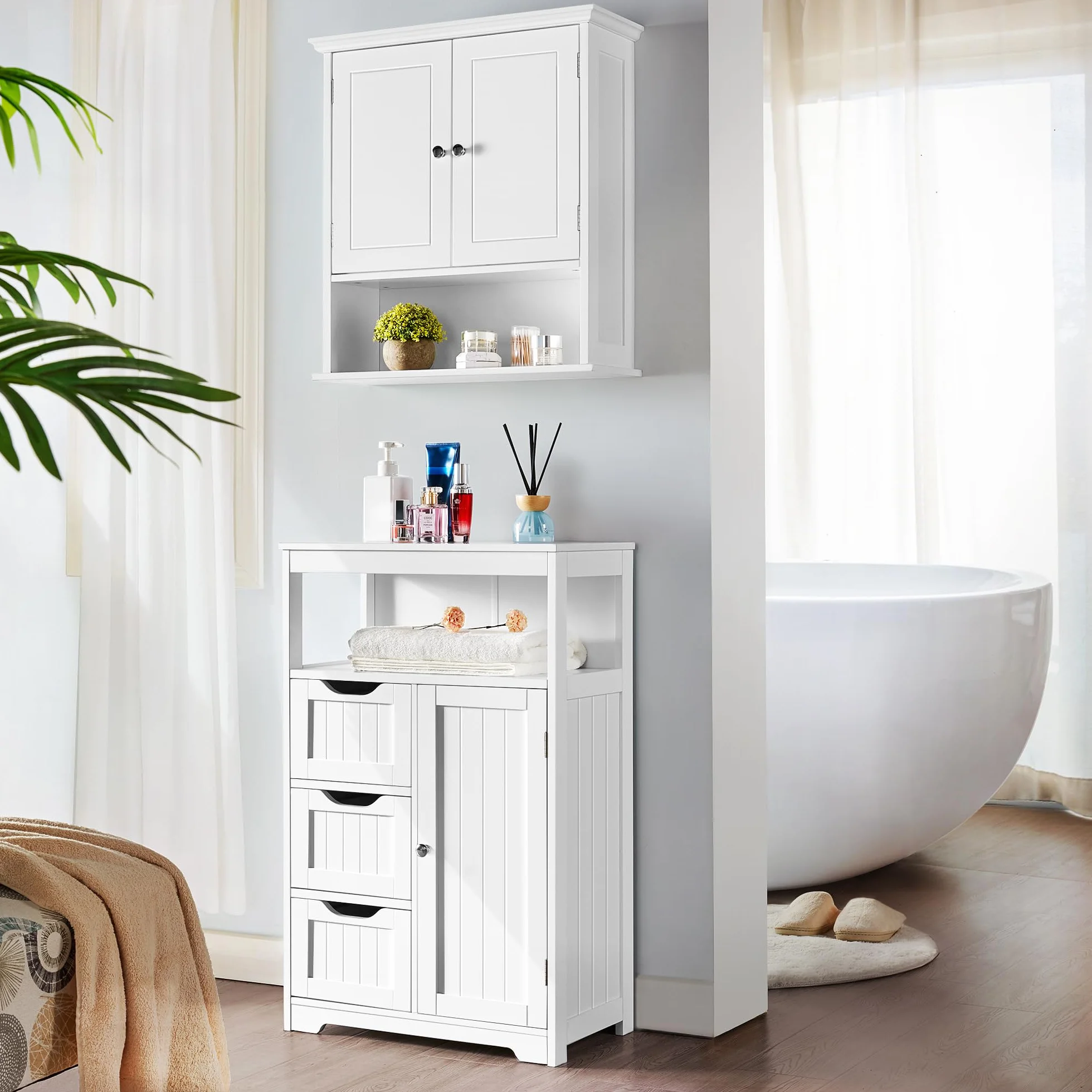 Yaheetech Meuble/Commode de Salle de Bain en Bois, 55,5 x 29,5 x 86,5 cm, avec 3 Tiroirs, 1 Placard, 1 Compartiment Ouvert, Salon, Cuisine, Couloir Blanc