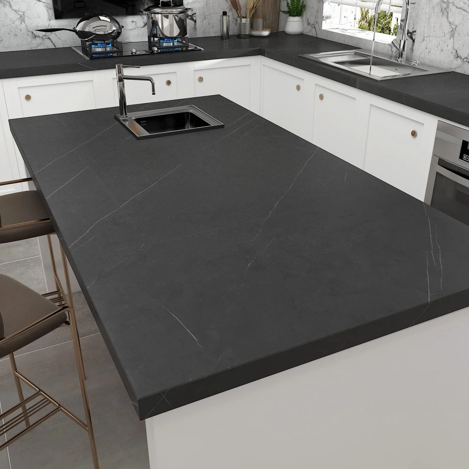 Decotalk Papier Peint Adhésif Marbre Noir 60x300cm Rouleau Vinyle Imperméable pour Meuble Cuisine