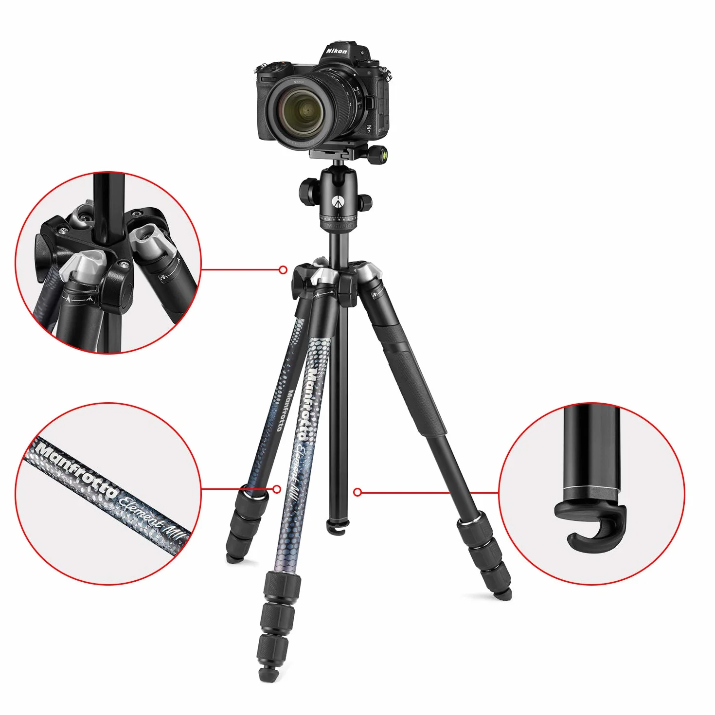 MANFROTTO Trépied Element MII aluminium noir 4 sections BH - MKELMII4BK-BH