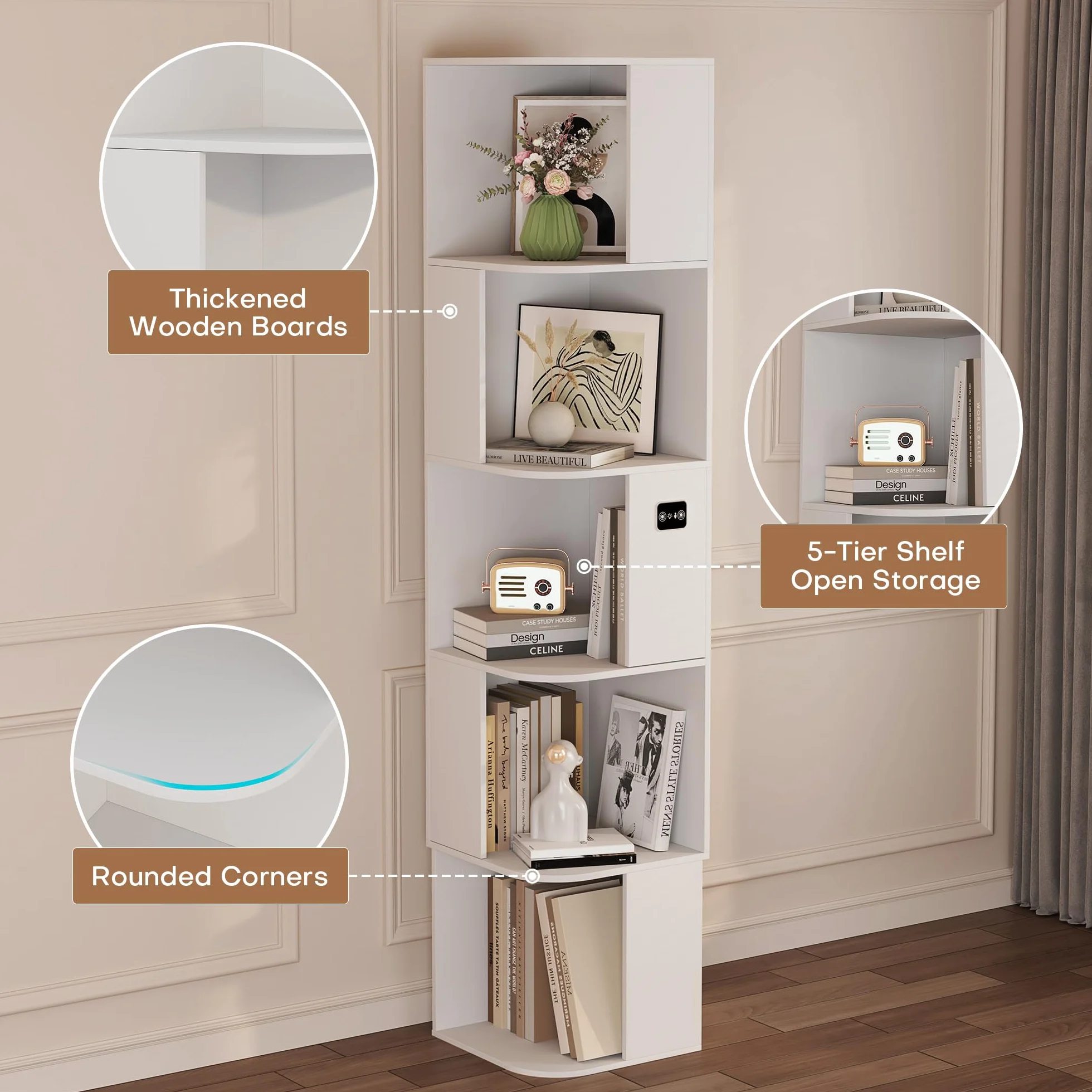 Gurexl 165 CM Vitrine avec Lumières LED 3 Couleurs,Asymétrique Bibliothèque avec étagères à 5 Niveau,Vitrine d'angle avec Capteur Humain pour Salon,Noir pour Salon,Bureau,Chambre,Blanc