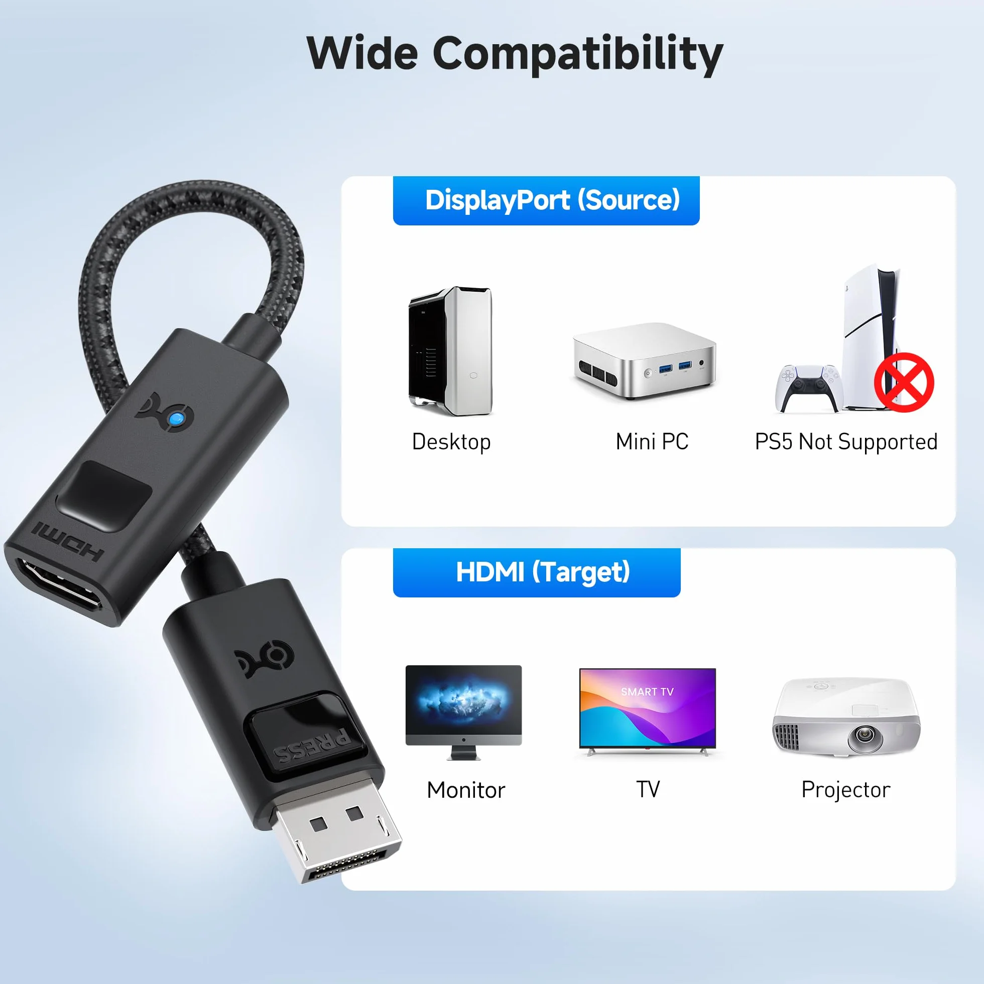 Cable Matters adapter DisplayPort 1.4 do HDMI 2.1 8K – 4K@240Hz / 8K@60Hz, jednokierunkowy DP→HDMI, do RTX 4080 / RX 7900, nie działa z PS5/Xbox, bez VRR