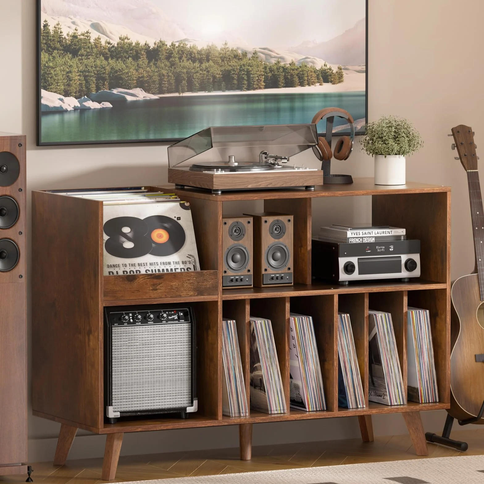 LELELINKY Grand support de tourne-disque avec rangement, support en vinyle avec zone d'affichage, table de tourne-disque pouvant contenir jusqu'à 450 albums, support de disque pour salle de musique