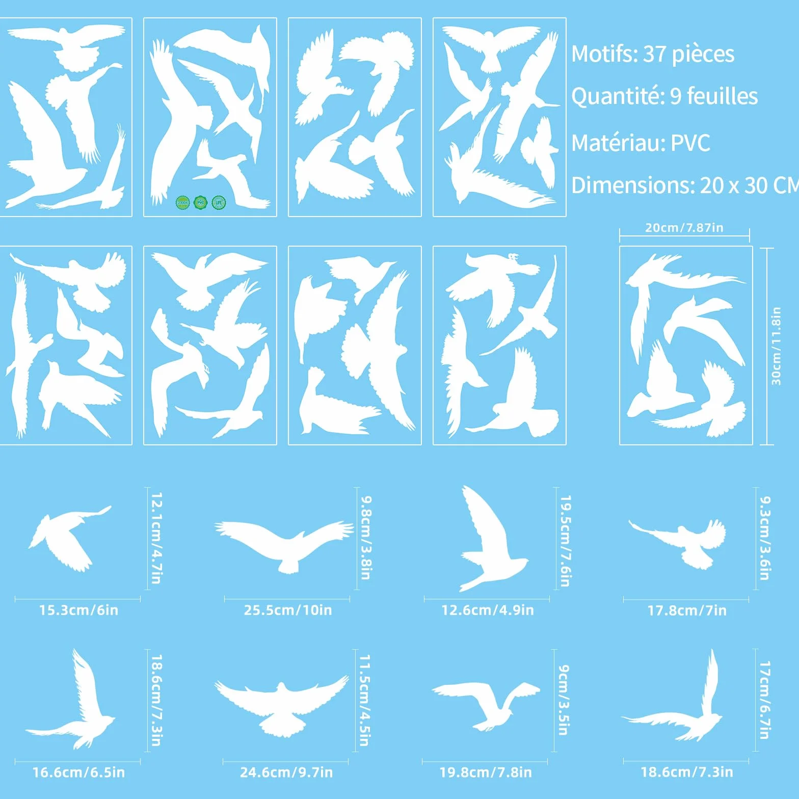 Autocollant Anti-Collision Oiseaux 37 Pièces Blanc - Décoration Statique Réutilisable pour Vitres