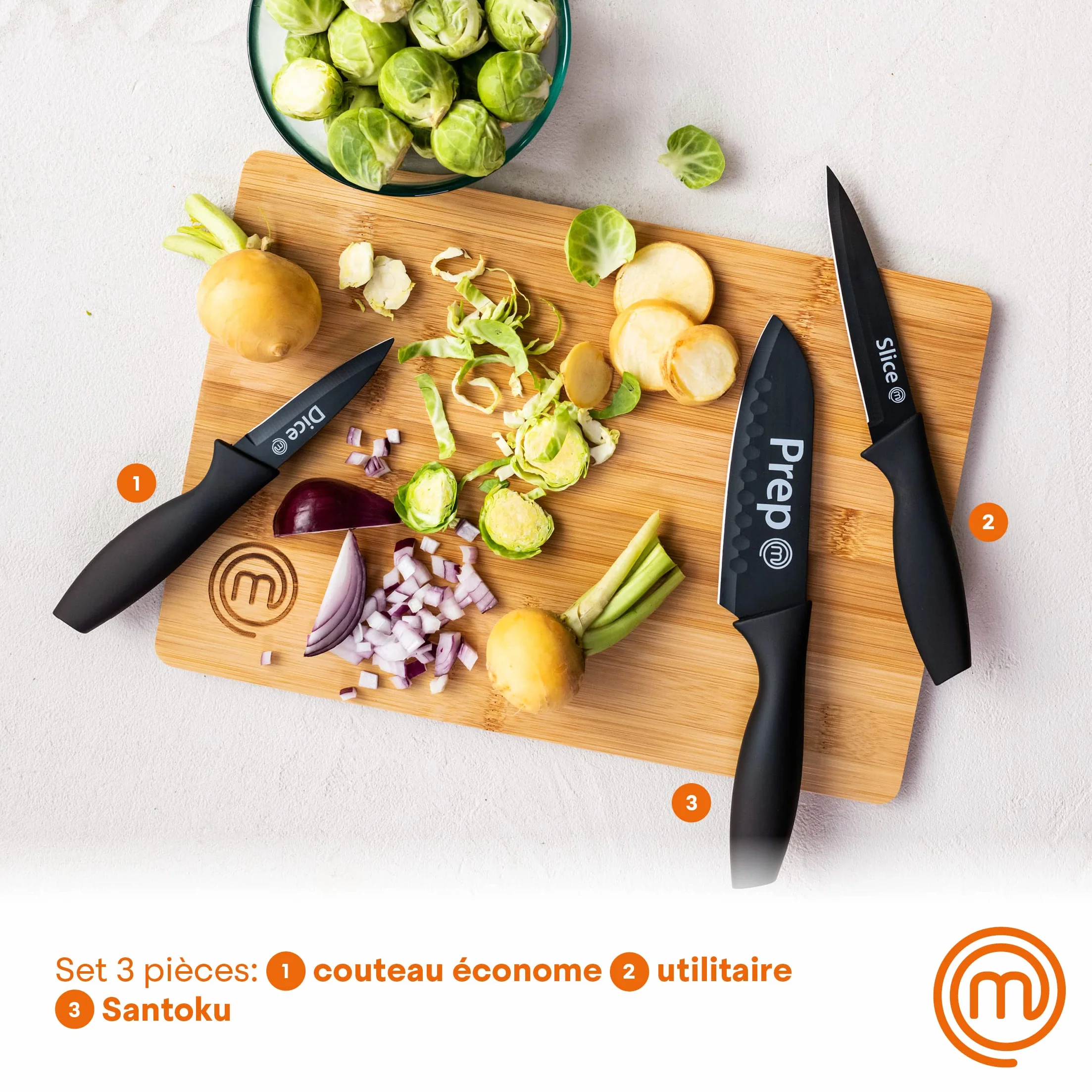 MasterChef Set Couteau Cuisine Acier Inoxydable Revêtement Antiadhésif Manche Ergonomique