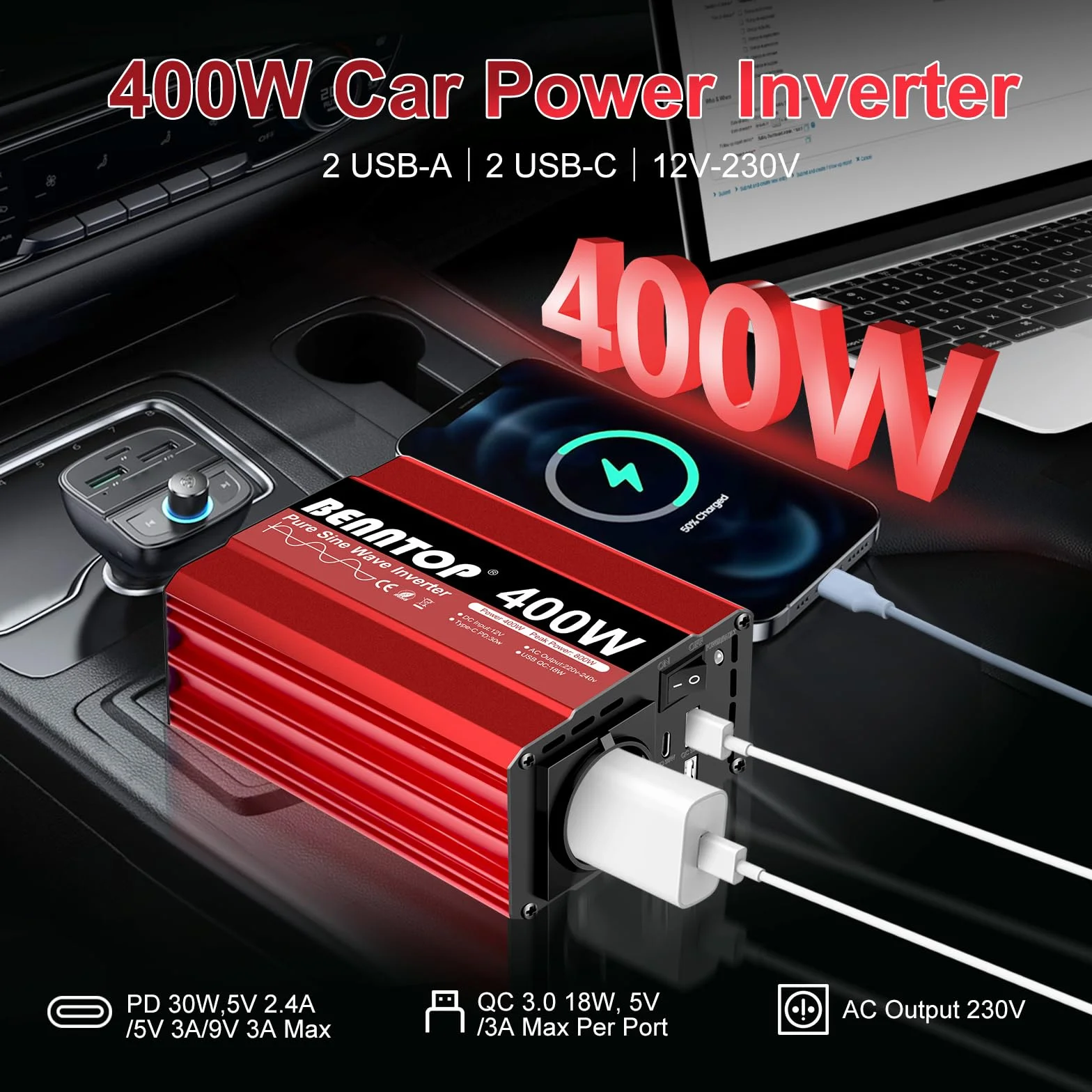 400W/800W konwerter 12 V 230 V Pure Sinus samochodowy falownik napięcia Transformator z 4 portami USB typu - A/C, 1 gniazdo UE Ładowanie laptopa, iPada, iPhone'a i nie tylko