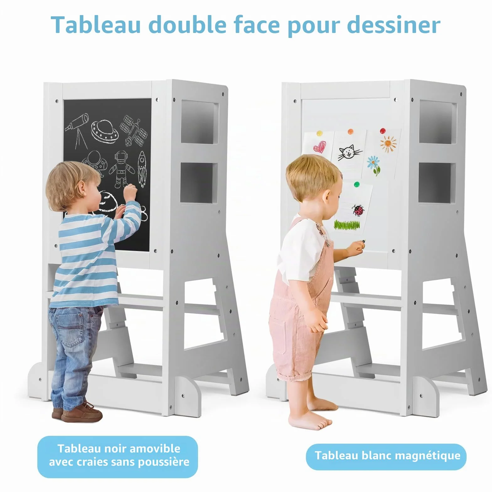 KIDINIX Tour d'apprentissage pour Enfants avec 3 Hauteurs Réglables, Tour d'Observation Montessori, Tableau Blanc Magnétique & Tableau Noir Amovible avec Craies à Partir de 18 Mois, Blanc
