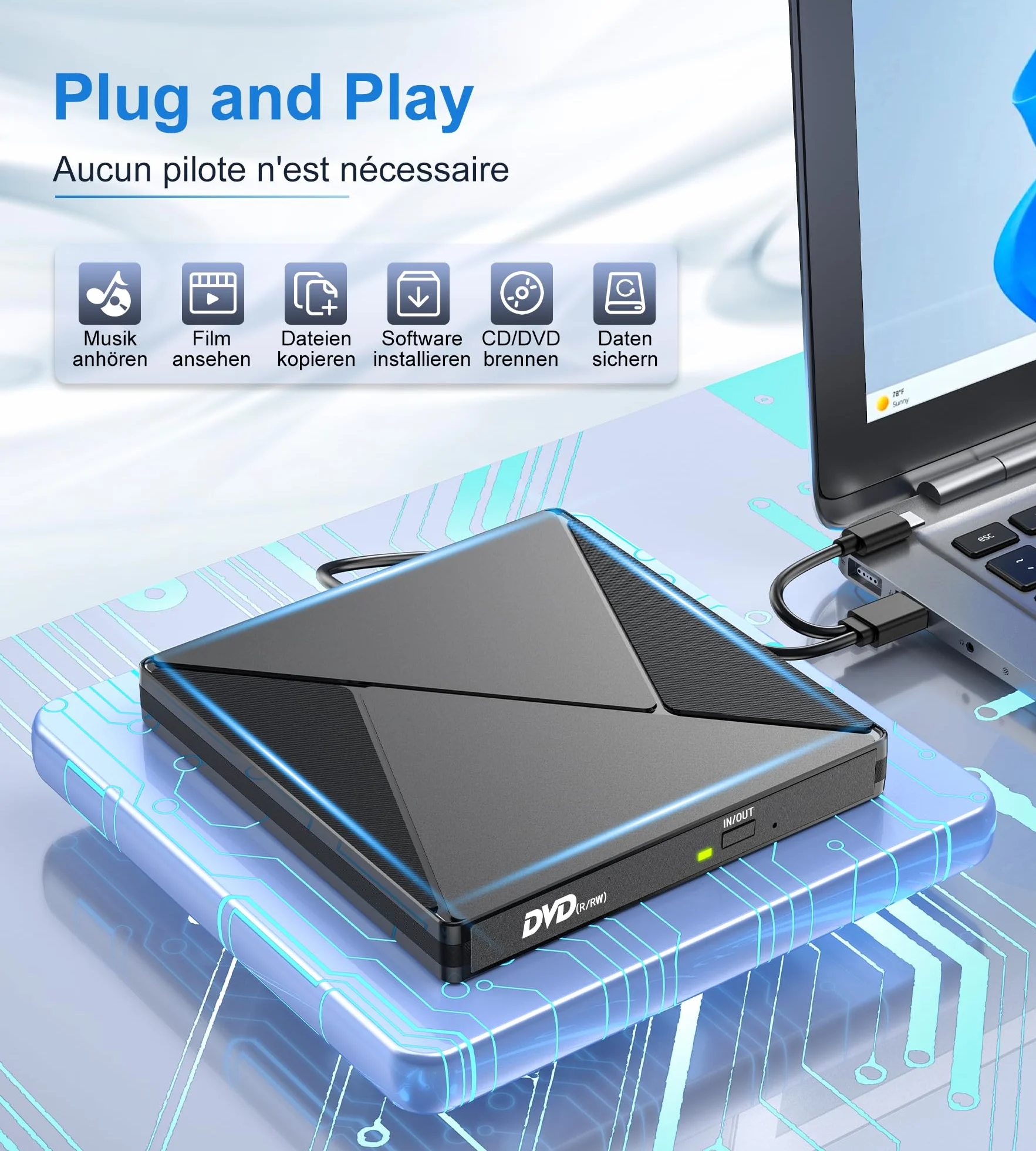 Lecteur CD/DVD Externe USB 3.0 USB-C Graveur DVD Portable -/+RW Drive Mince pour PC Windows MacOS