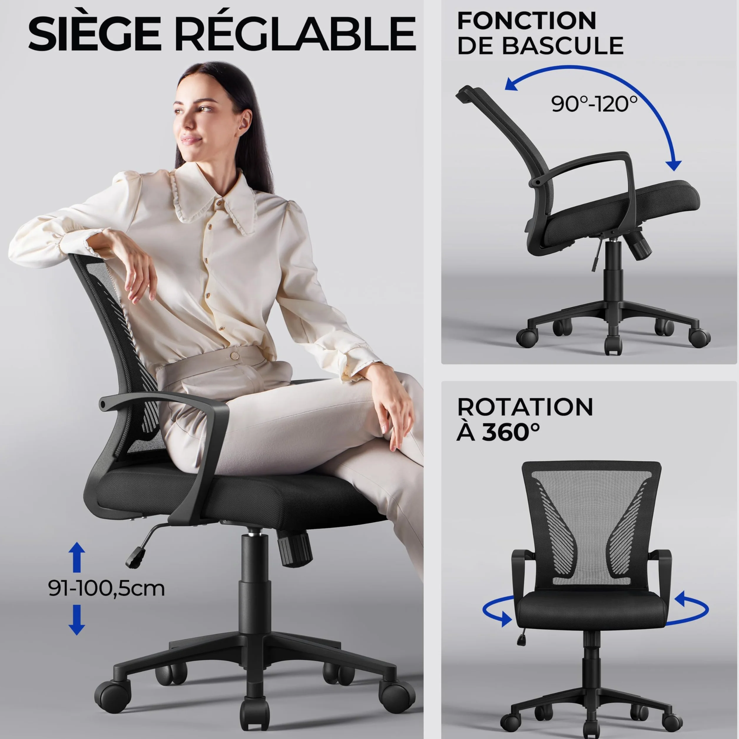 Yaheetech Chaise Bureau Fauteuil Ordinateur Réglable Inclinable Dossier Maille Respirante Roulettes Pivotantes Charge 136kg Noir