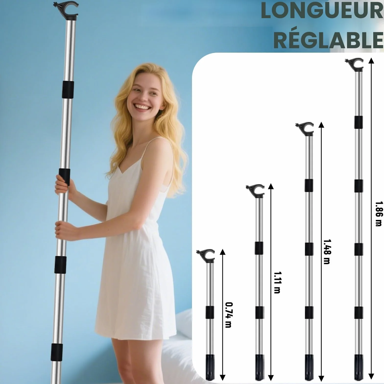 Canne Télescopique Acier Inoxydable pour Fenêtre de Toit Store, Perche avec Crochet Universel Extensible 186 cm
