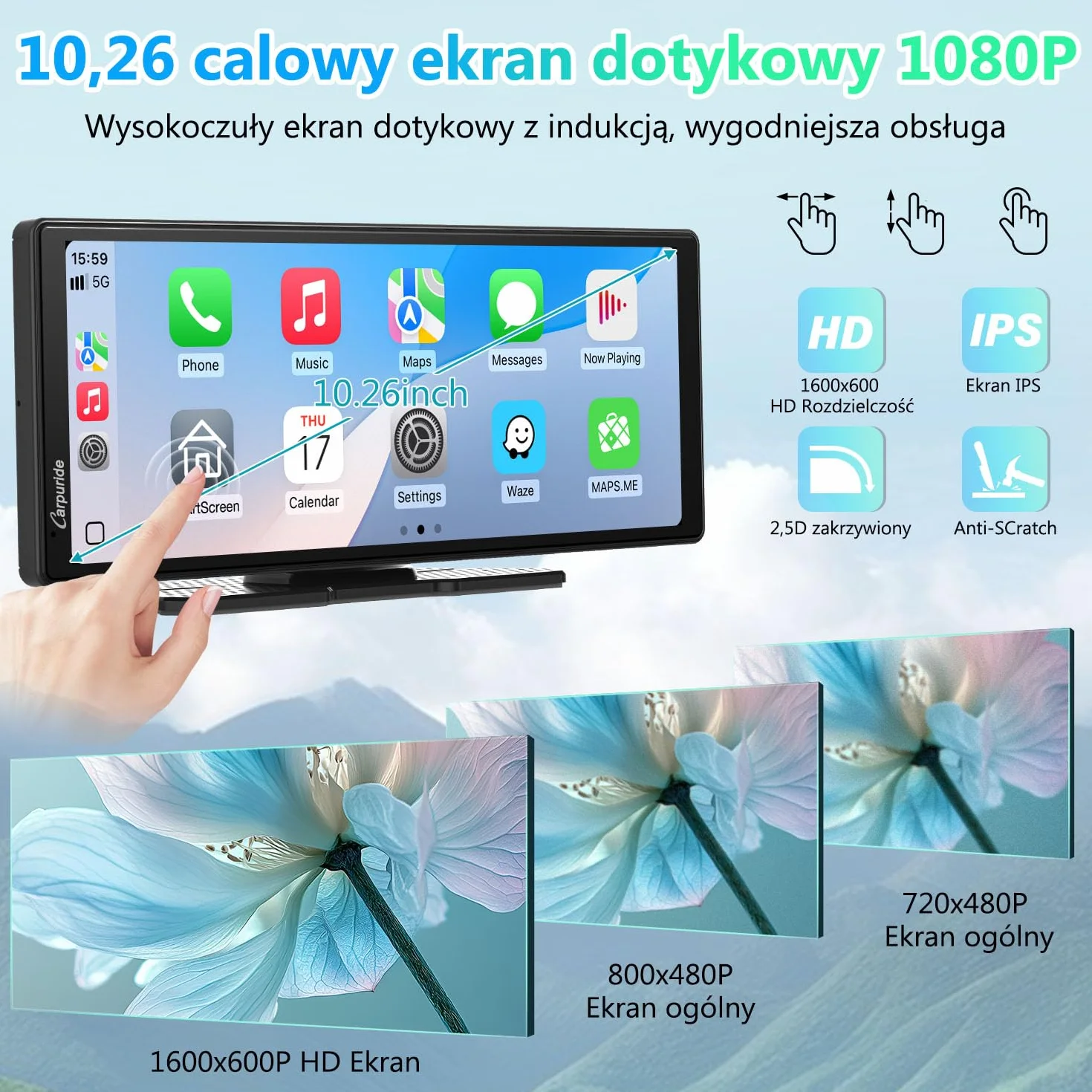 Przenośny ekran Carplay, Carpuride V92R Wireless Carplay i Android Auto, 10,26-calowy ekran dotykowy HD 1080P z prawdziwą kamerą cofania 720P / BT 5.0/Mirror Link Support Truck RV Dash Mount