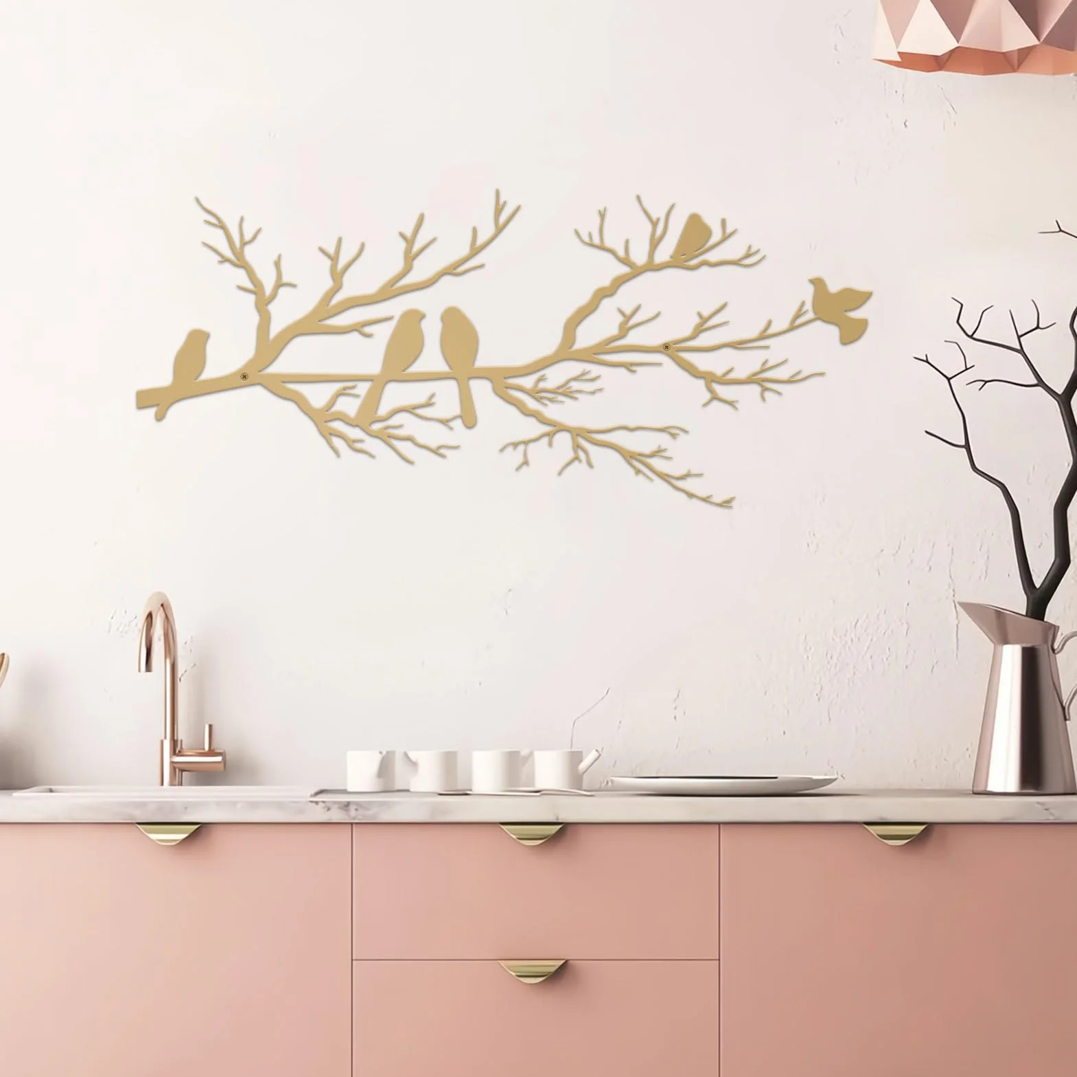 ESTART Décoration murale d'extérieur en métal Silhouette d'oiseaux sur branche Feuilles dorées Sculpture murale
