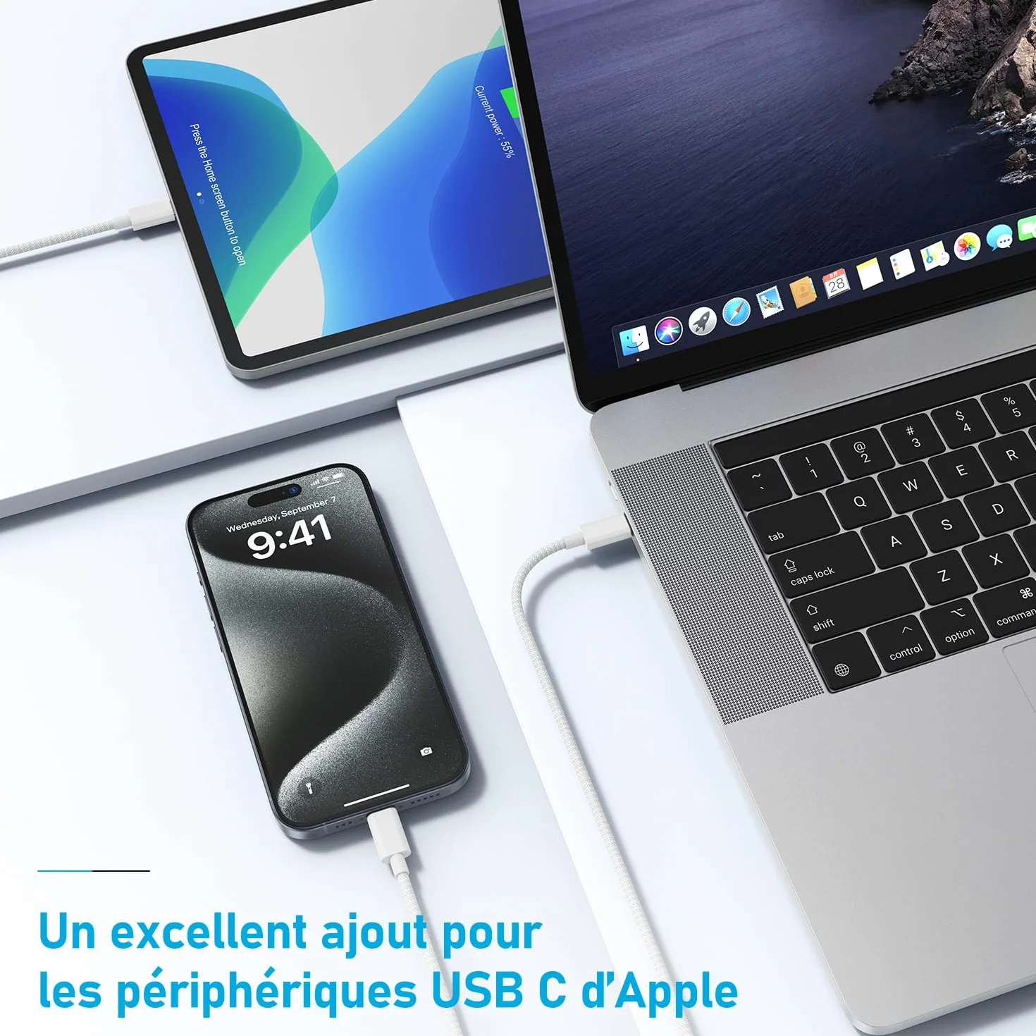 Câble USB C vers USB C 2m 60W Charge Rapide pour iPhone 16 15 Pro Max Pro Plus iPad Pro MacBook Air Pro Samsung Galaxy