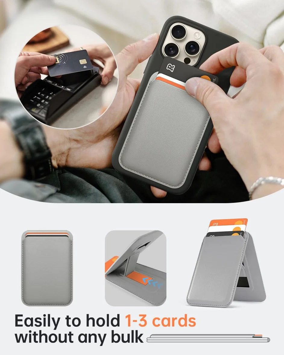 OCASE Magnetyczny portfel z regulowaną podstawką, 3 uchwyty na karty, do serii Kompatybilne z iPhone 16/15/14/13/12, Ultra Slim Nie do iPhone'a Mini Skóra Premium, Szary