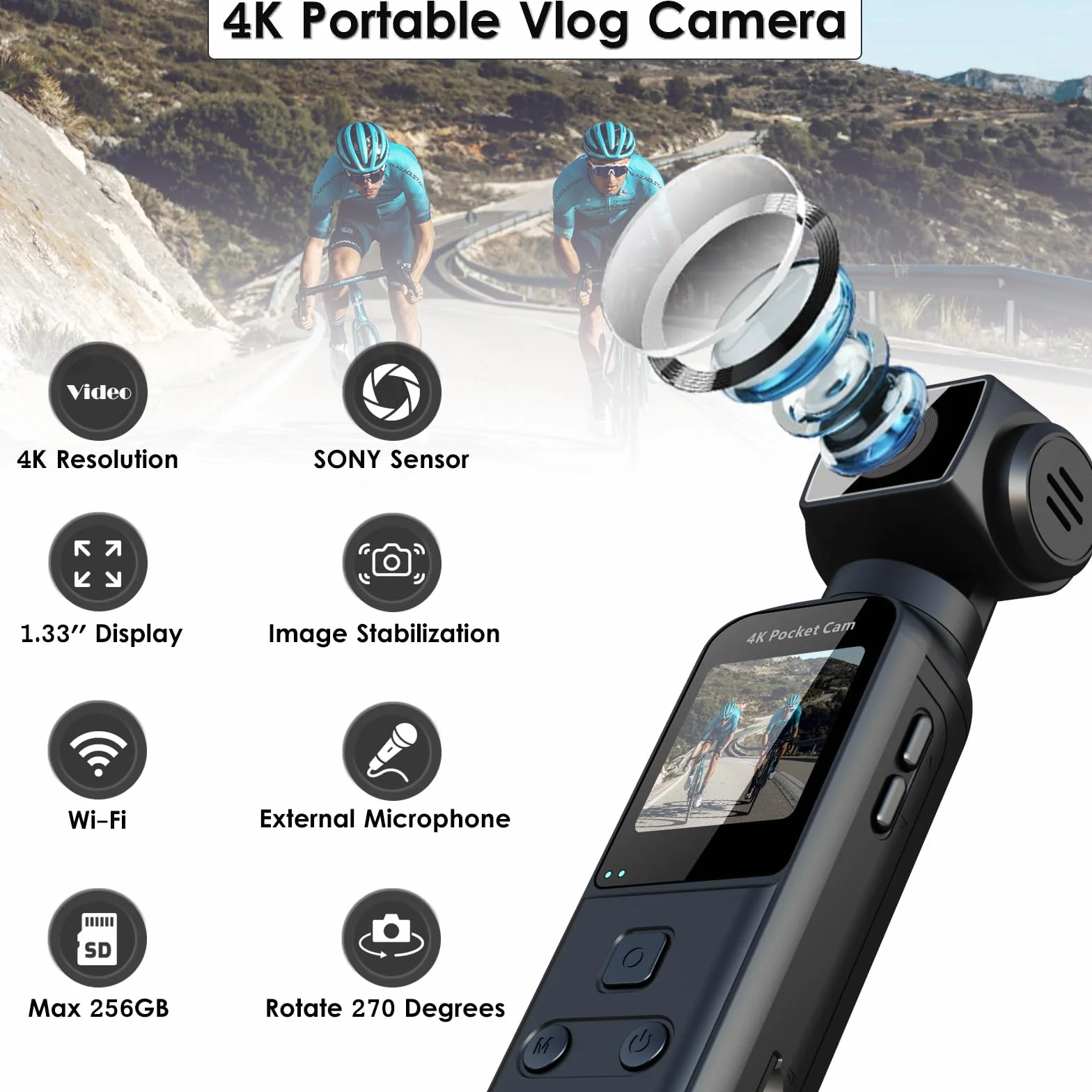 ydi Kamera do ciała 4K, kamera Vlog z obiektywem obracanym o 270°, zewnętrzny mikrofon, karta 64 GB, kieszonkowa kamera sportowa do uprawiania sportu na świeżym powietrzu, na rower, podróże, policję