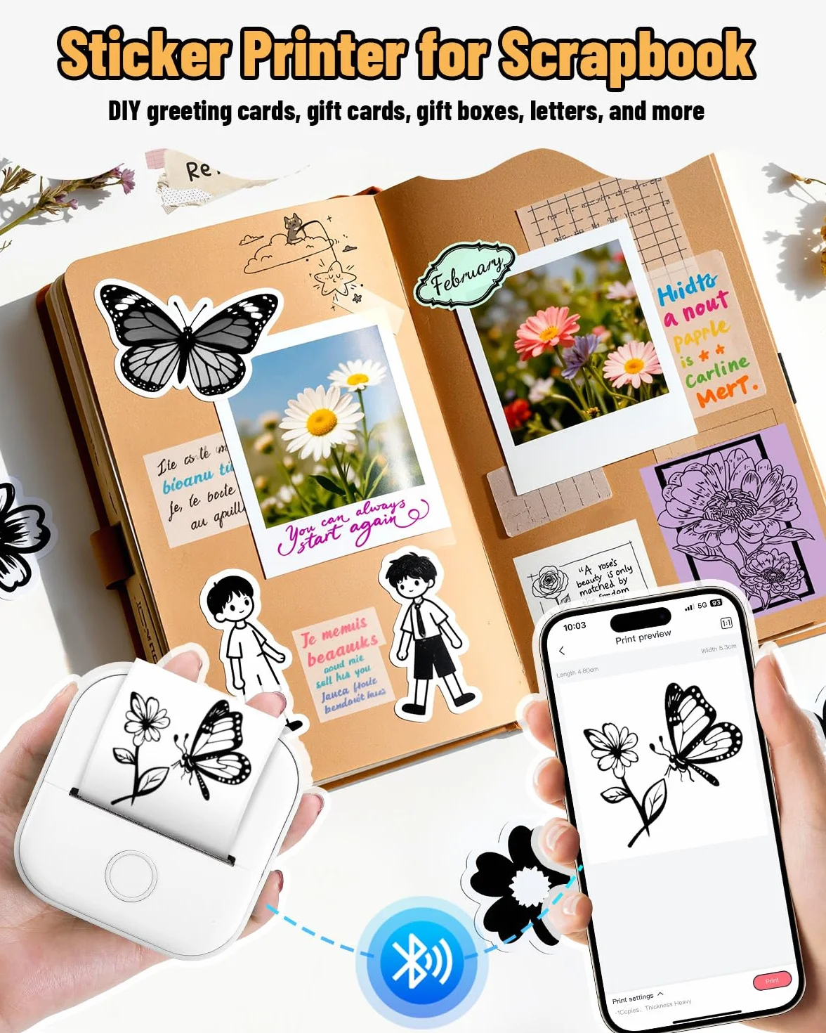 Phomemo Mini drukarka, T02 drukarka fotograficzna na telefon komórkowy, naklejka termiczna, mała, 50-53 mm, czarno-biały druk na telefon i tablet, fajna drukarka termiczna do biura, domu, szkoły