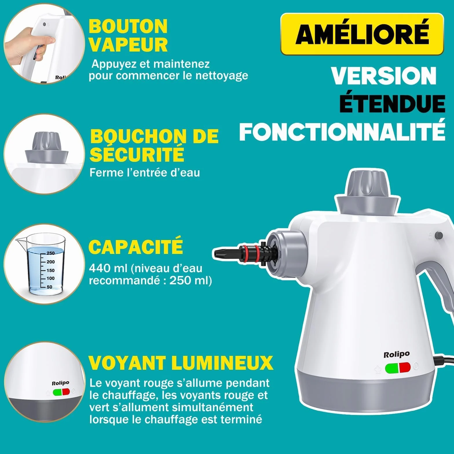 Nettoyeur Vapeur Portatif 1050W, Appareil Multifonction pour Cuisine, Salle de Bain, Voiture