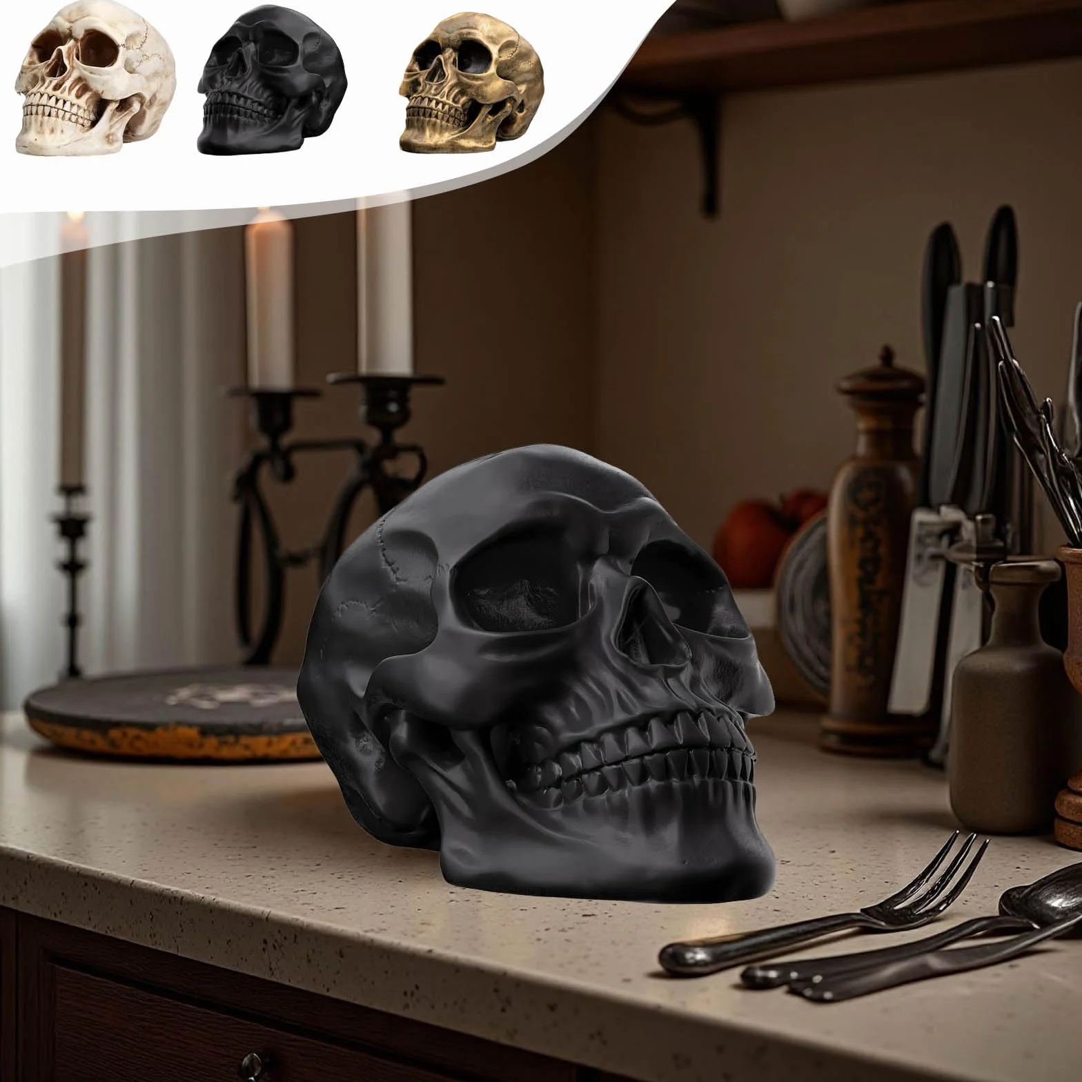 Crâne d'Halloween Statue en Résine Décoration Intérieur Rétro Noir
