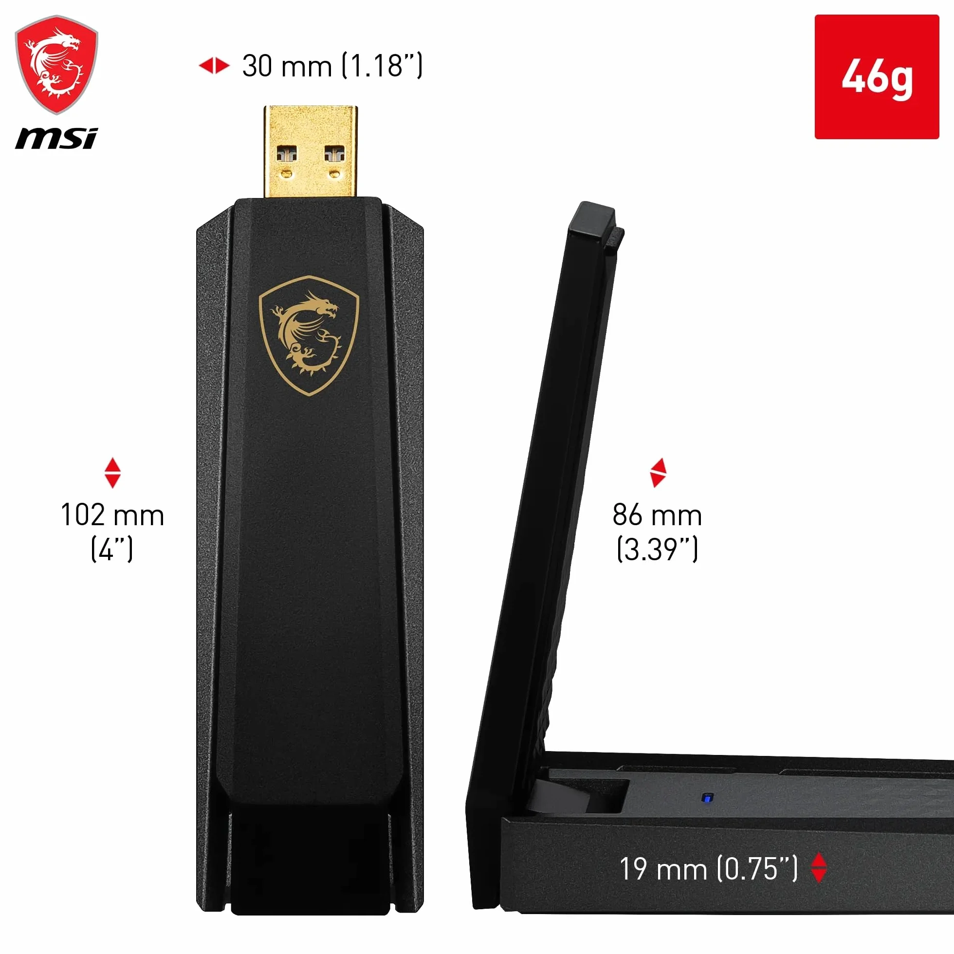 MSI AXE5400 trójpasmowy adapter USB WiFi 6E – WLAN do 5400 Mb/s (6 GHz, 5 GHz, 2,4 GHz bezprzewodowy), USB 3.2 Gen 1 typu A, MU-MIMO, regulowana antena, formowanie wiązki, WPA3 - przewodowy stojak na
