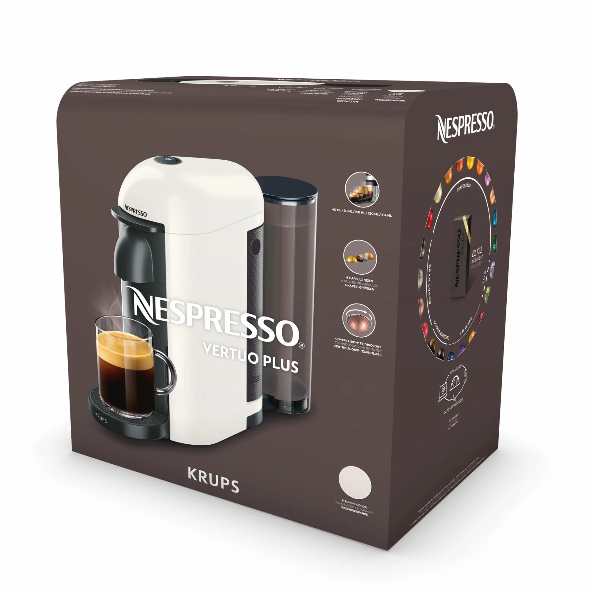 Nespresso Krups Machine à Café Vertuo Plus Blanc, Capsules café Vertuo seulement, Technologie Centrifusion, 5 Tailles de Tasses + Kit de Bienvenue, Design Moderne, Arrêt Automatique, YY3916FD