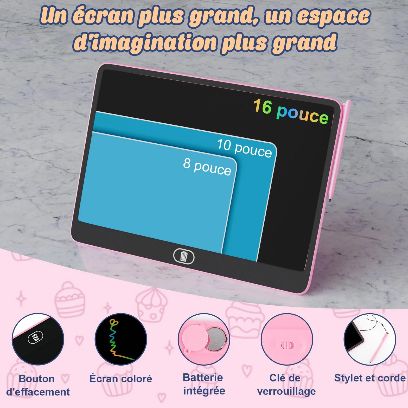 Electight Tablette d'Écriture LCD 16 Pouces, Ardoise Colorée pour Enfants, Cadeau Éducatif 2-7 Ans, Rose