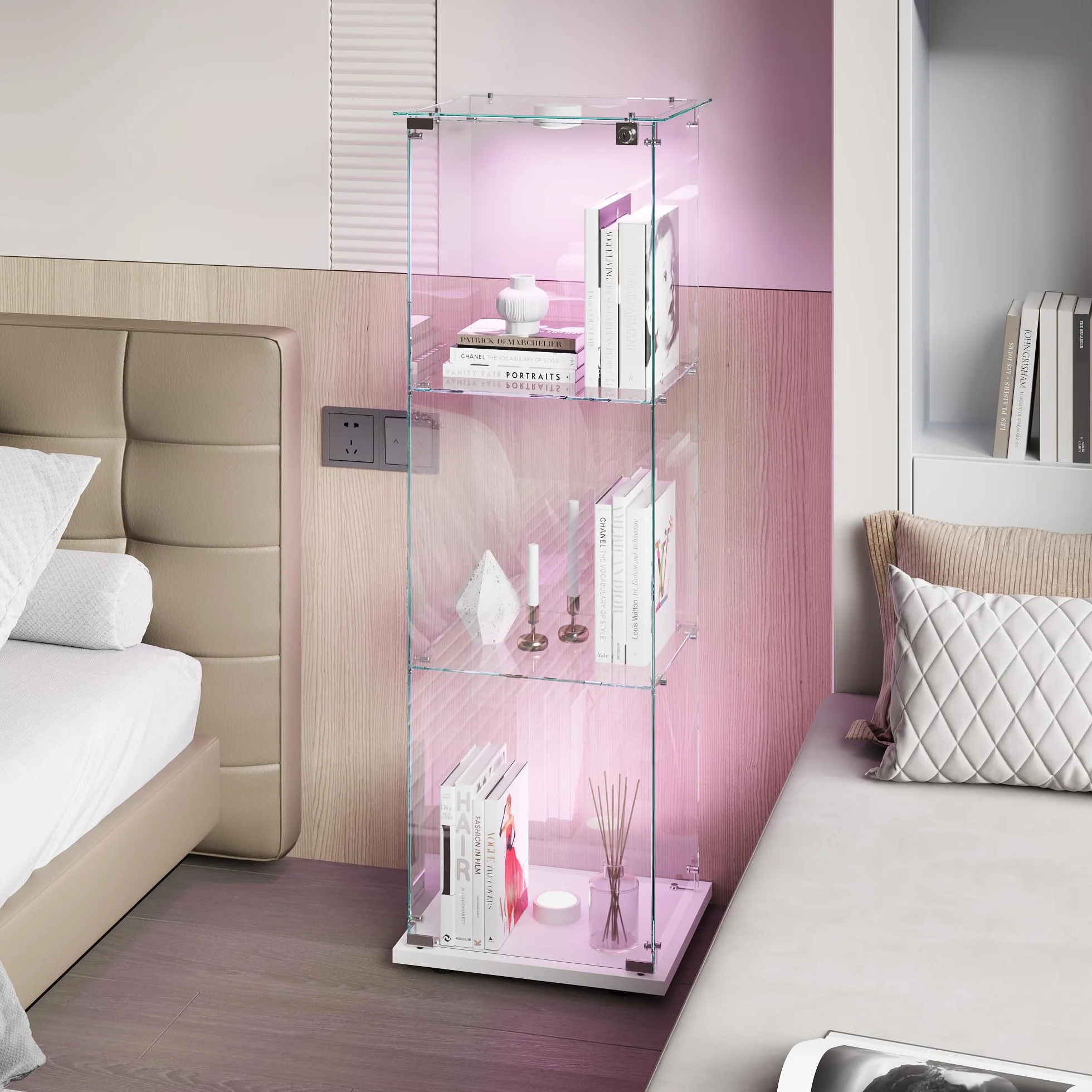 Vitrine en verre avec 1 porte et éclairage LED, 3 étagères, pour salon, bureau, chambre à coucher, 40 x 35 x 123 cm, facile à assembler, blanc
