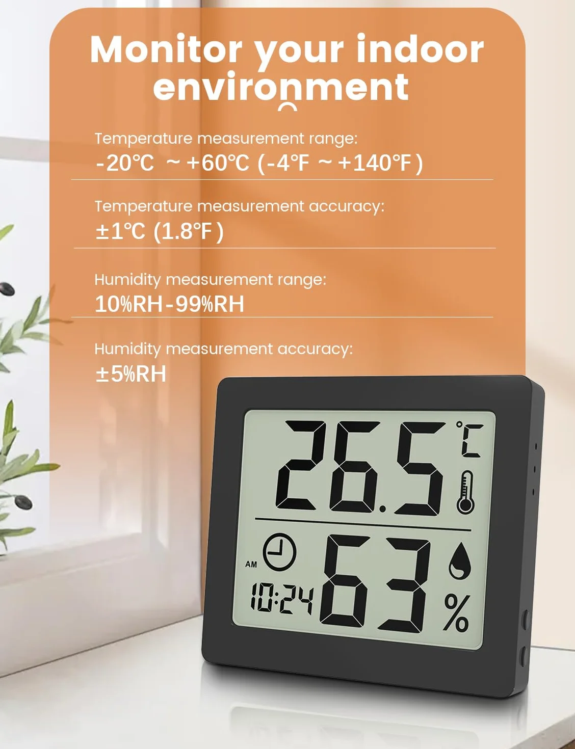 Thermomètre/Hygromètre Numérique Grand Écran LCD 3,1" Intérieur Moniteur Température Humidité avec Horloge Noir