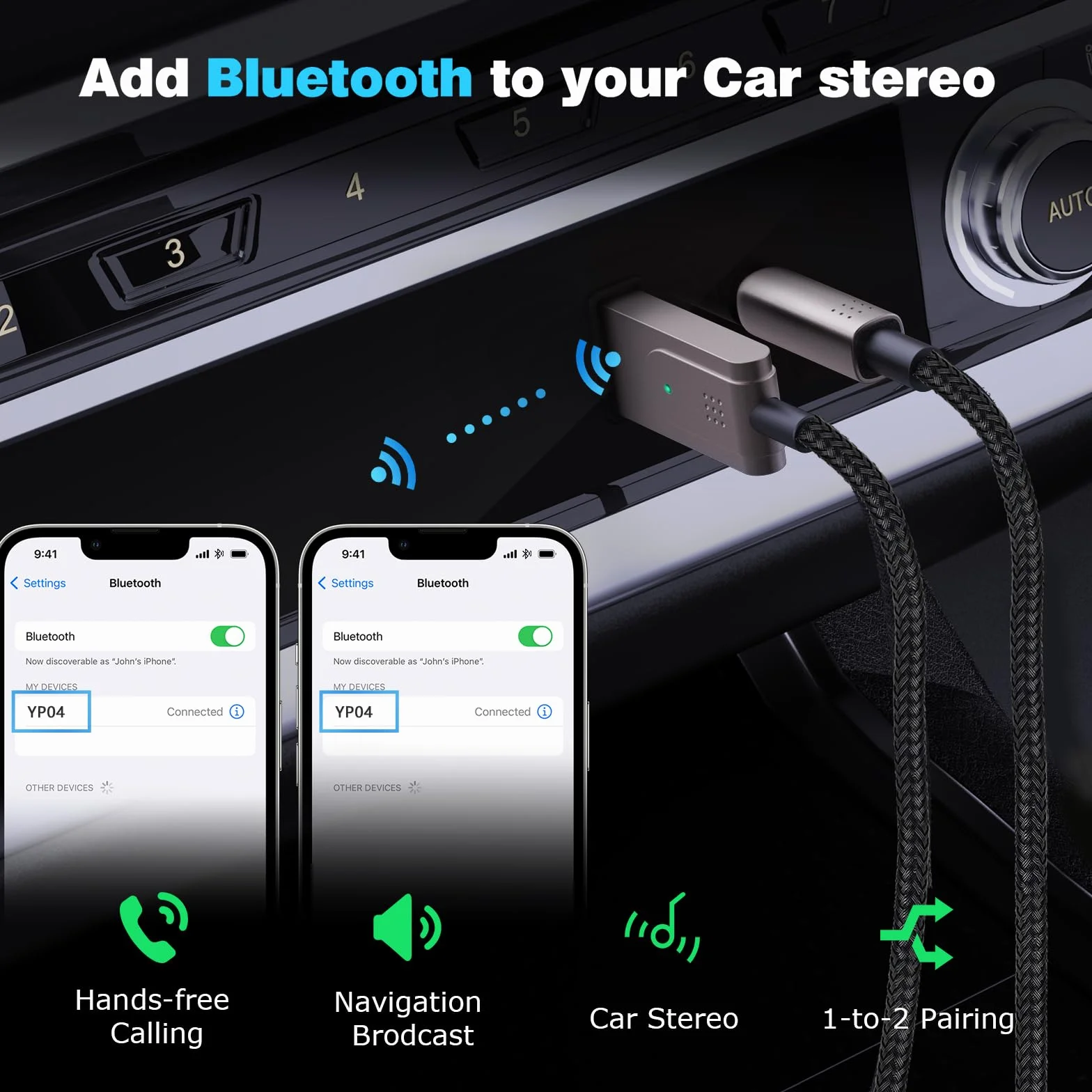 Adapter Bluetooth 5.3 do Aux do samochodu, USB do 3,5 mm żeński odbiornik Bluetooth, aby dodać Bluetooth do bezprzewodowych słuchawek, samochodów, głośników i wzmacniaczy do połączeń ręcznych,