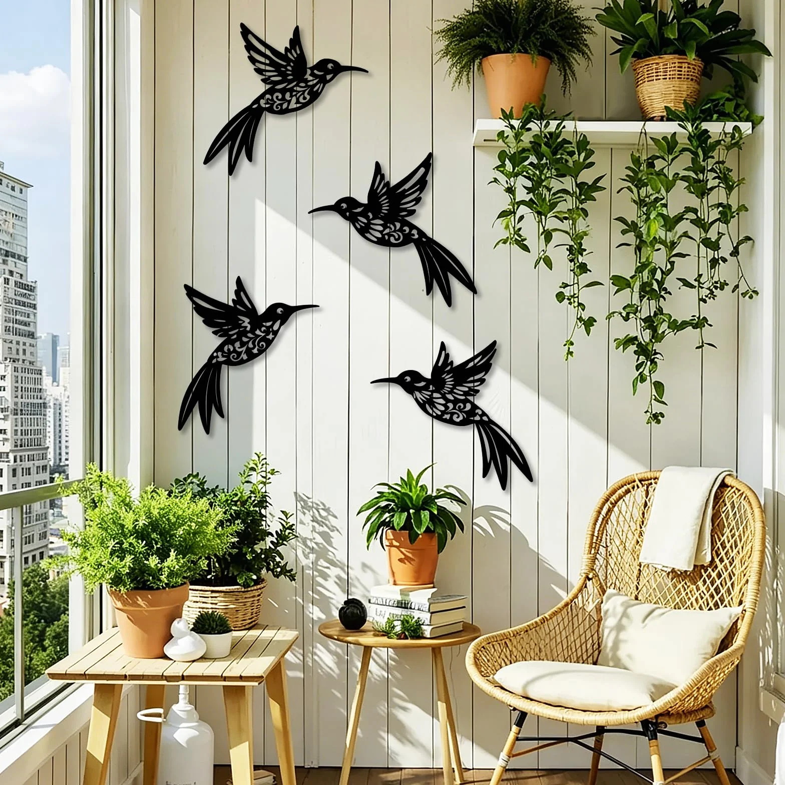 YiYa Lot de 4 Décorations Murales en Métal Colibri Style Boho Rustique Oiseau pour Intérieur Extérieur Noir