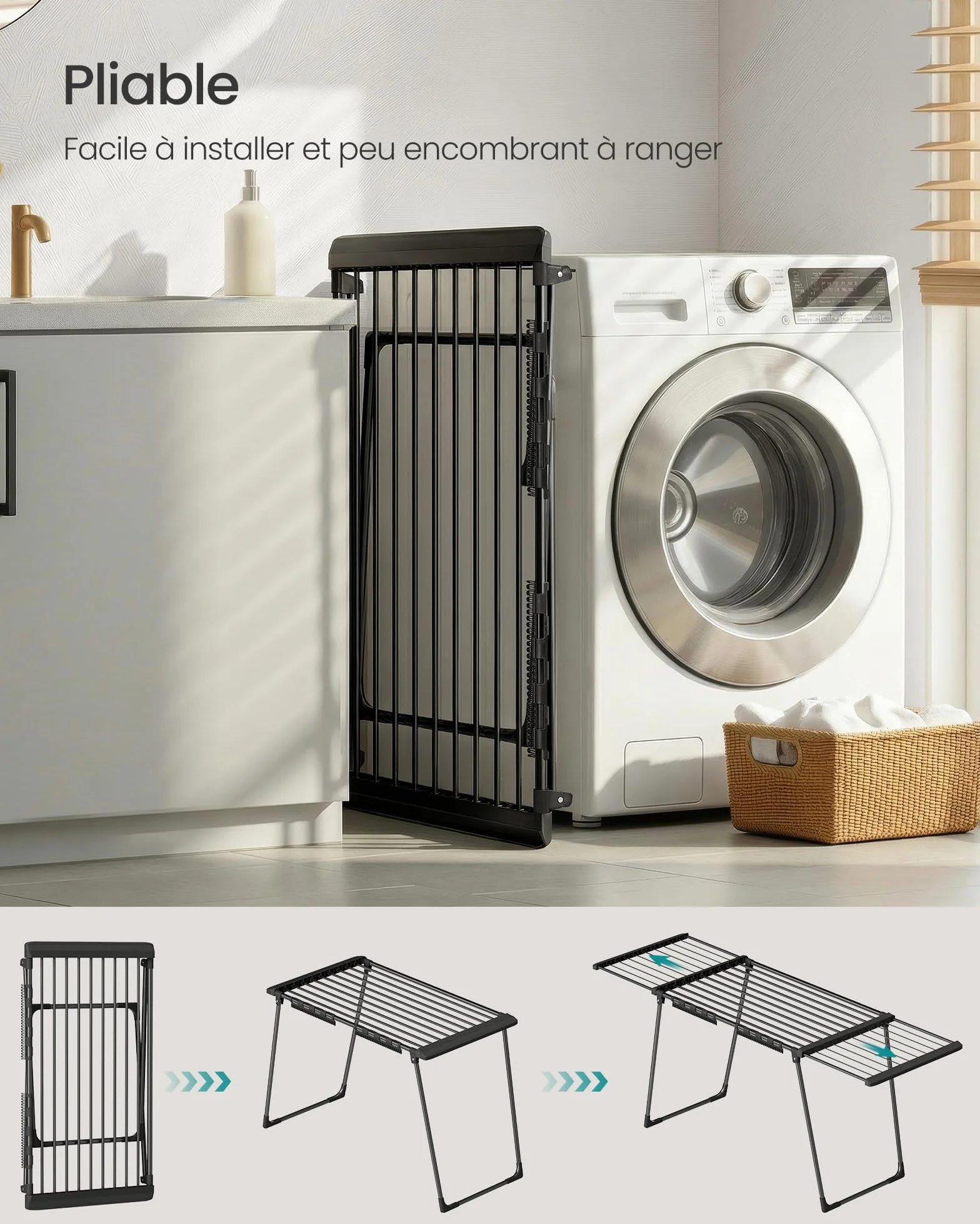 SONGMICS Étendoir à Linge, Séchoir sur Pied, Ailes Extensibles, 22 m de Longueur d’Étendage, avec Porte-Chaussettes, Pliable, Noir LLR522BH01
