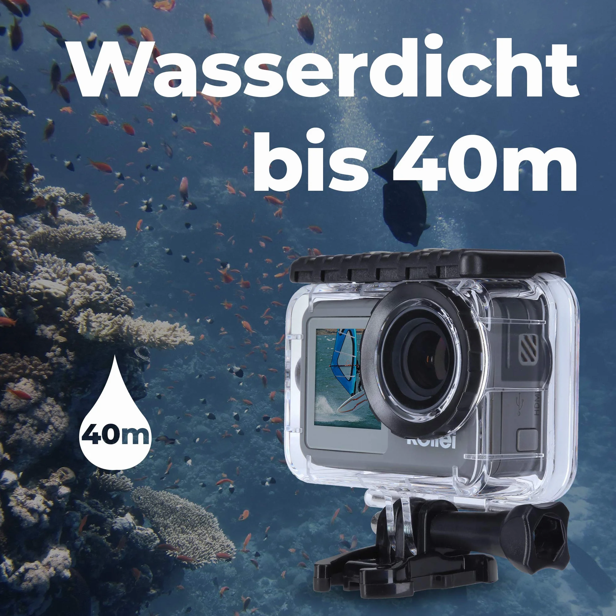 Rollei Kamera podwodna Action Cam 9s Plus I 4K 60fps z wyświetlaczem selfie, stabilizacją obrazu, poklatkiem, zwolnionym tempem, funkcją pętli I wodoodporna do 10m, 65,5 x 43,8 x 26,5 mm