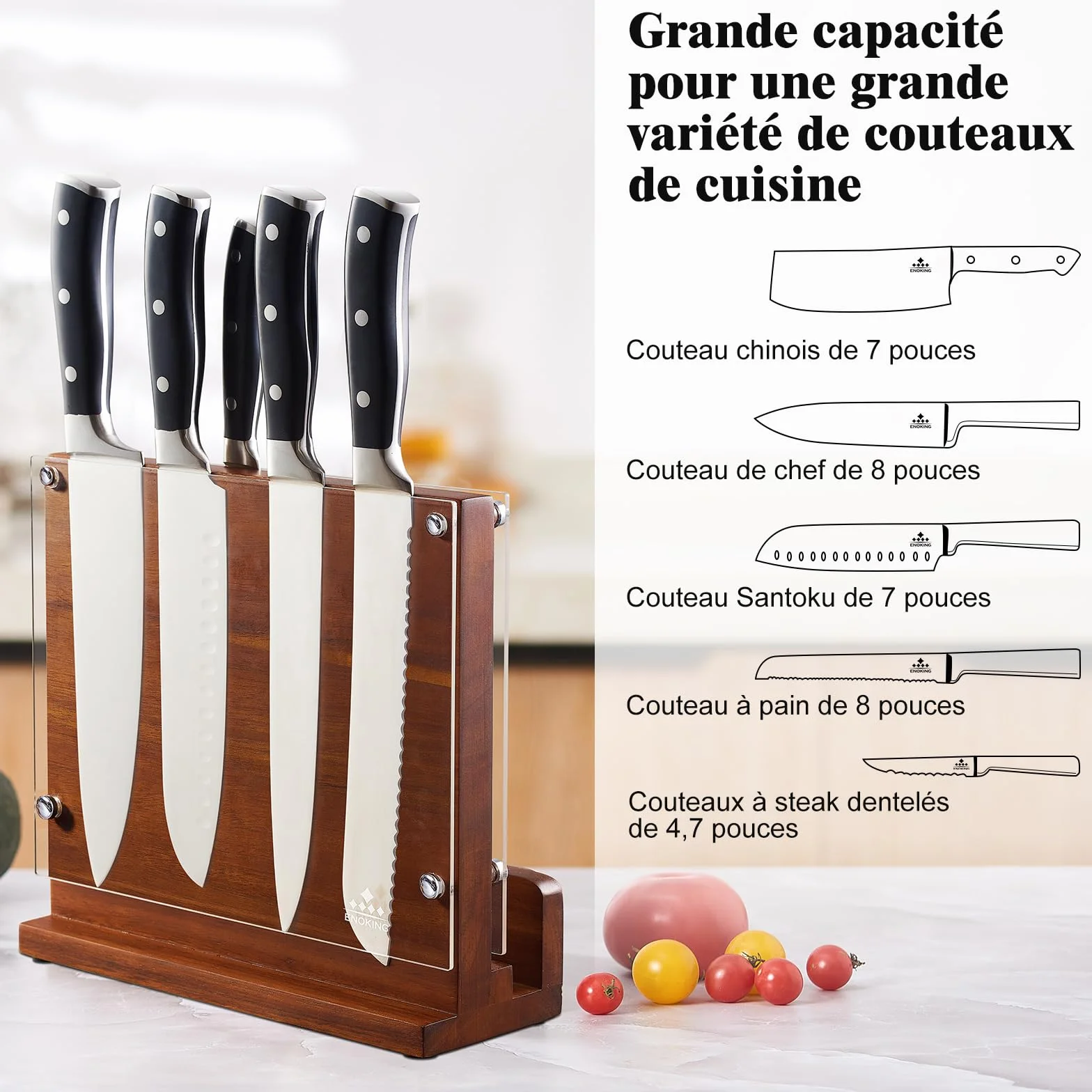ENOKING Bloc à Couteaux Magnétique, Bloc Aimanté Double Face 26x22 CM - Porte Couteaux Aimanté en Bois d'acacia avec Plaque Protection Acrylique, Range Couteau de Cuisine Vide avec Aimant Puissant