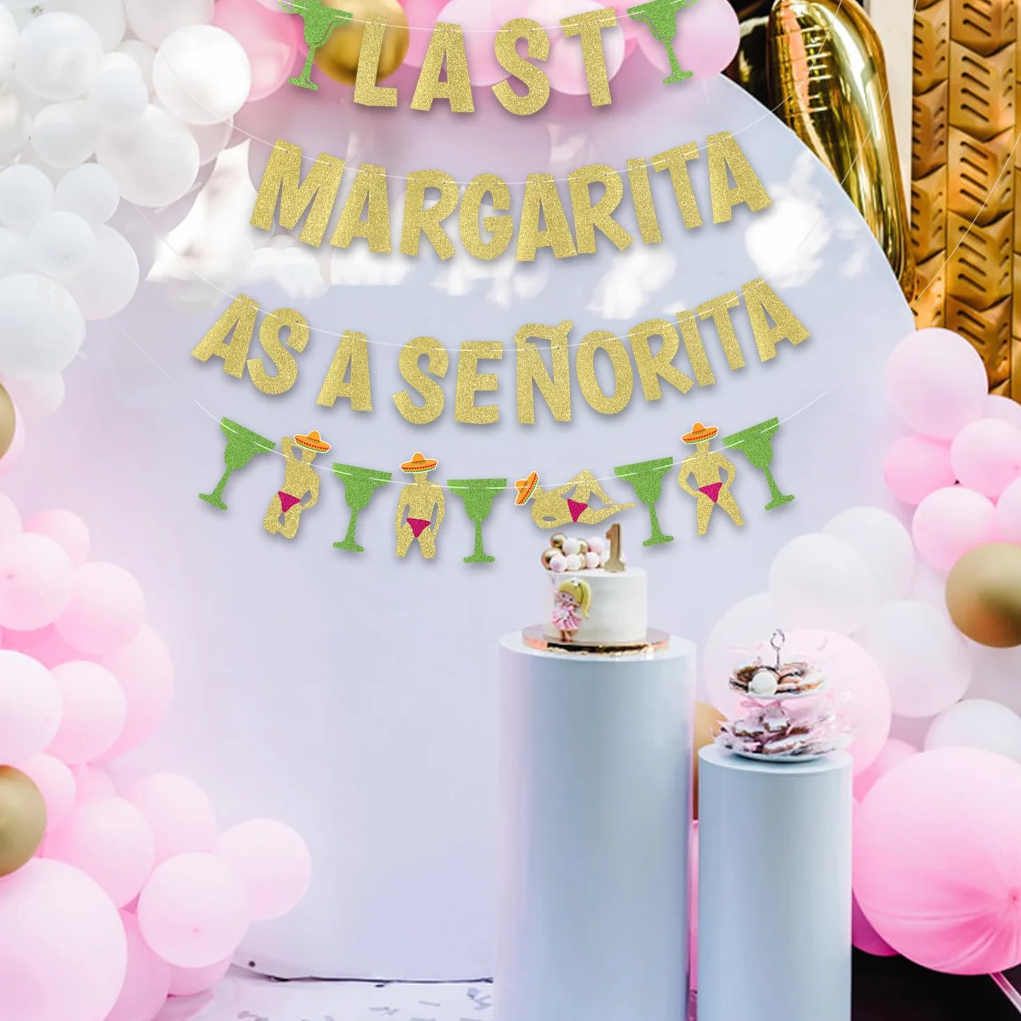 Bannière Margarita à Paillettes Dorées pour Bar, Décoration Enterrement Vie de Jeune Fille, 4 Pièces