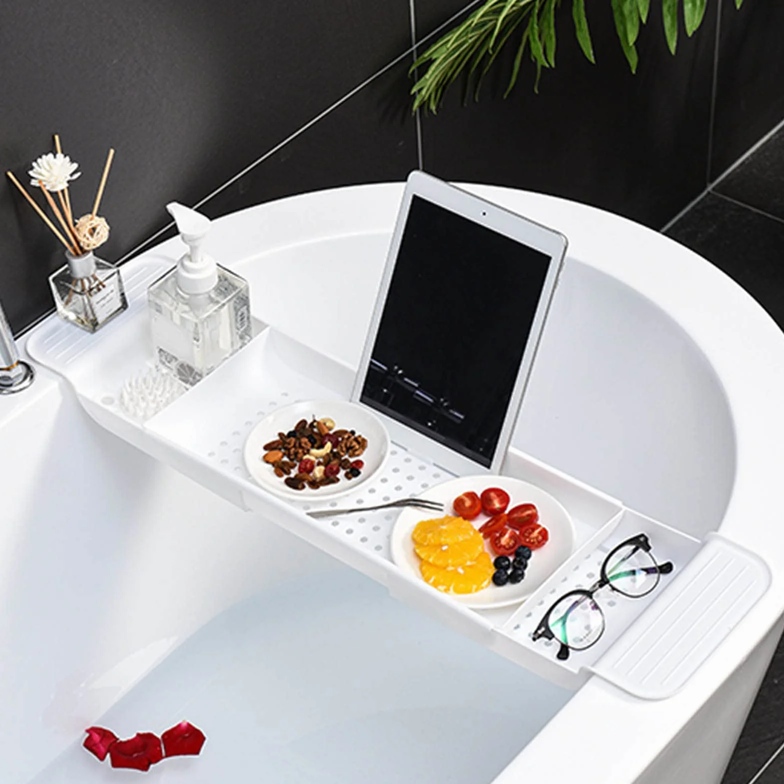 Plateau de Baignoire Plastique Extensible avec Drainage, Caddie de Bain, Blanc