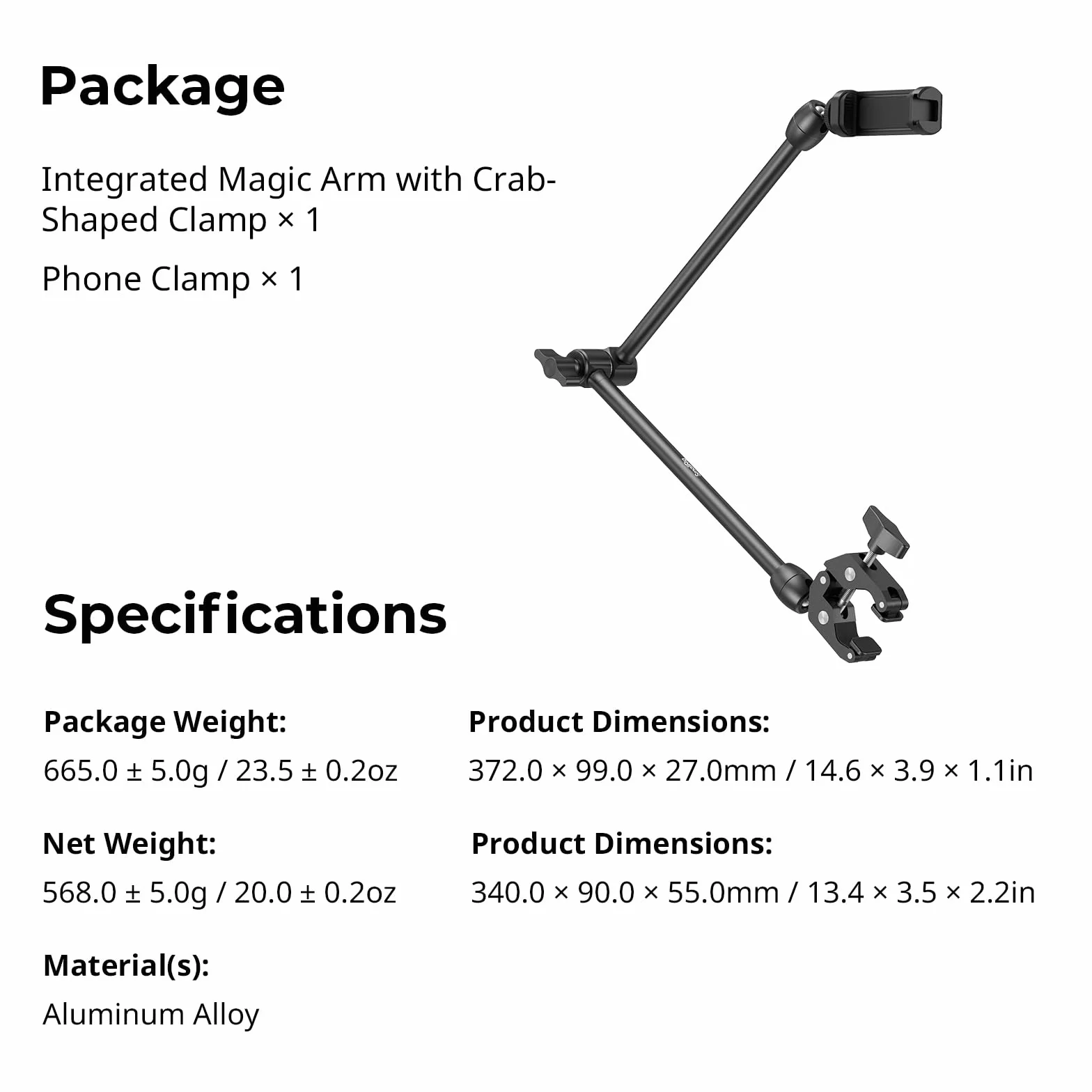 SMALLRIG 21,7" Magic Arm z Super Clamp, uchwyt na telefon, elastyczny uchwyt na biurko ze śrubą 1/4", do iPhone'a, lustrzanki cyfrowej, kamery sportowej, lampy wideo -5624