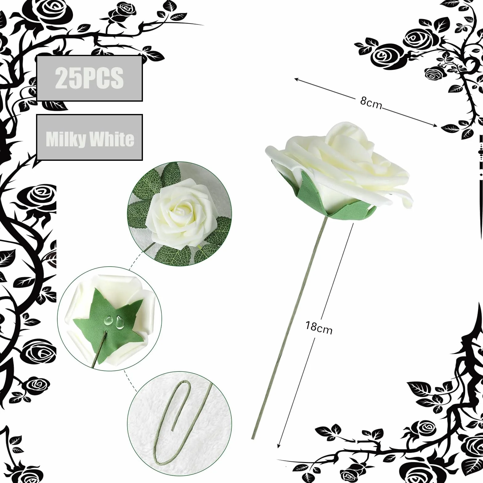 Roses Artificielles Blanches 25Pcs Faux Roses Avec Tiges Mousse pour Décoration Mariage