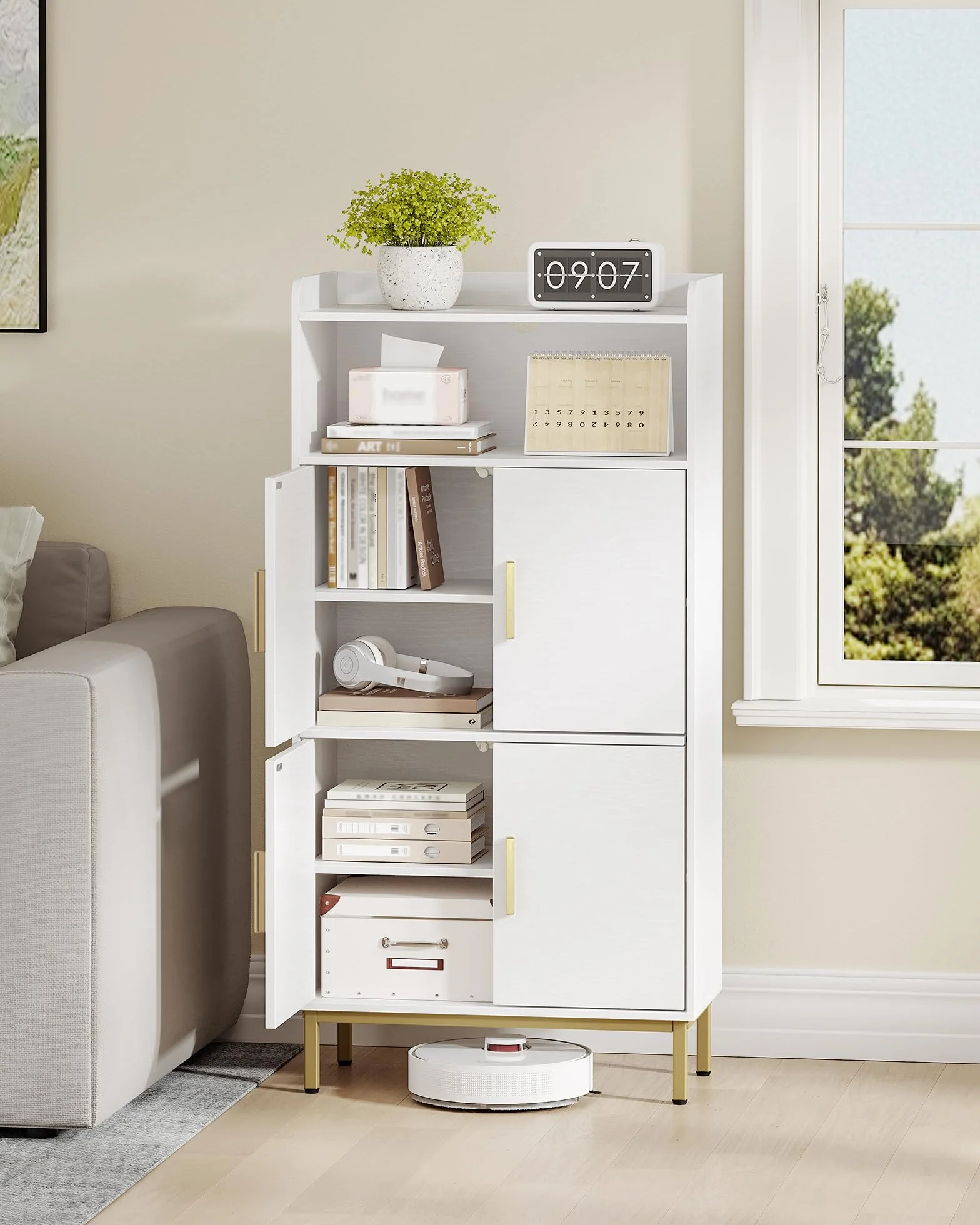 Hzuaneri Meuble Salle de Bain, Armoire de Rangement, Placard Cuisine avec 4 Portes et 1 Espace Ouvert, Armoire de Rangement, Étagères réglables, Salle de Bain, 30 x 60 x 120 cm, Blanc-Or SC45613G