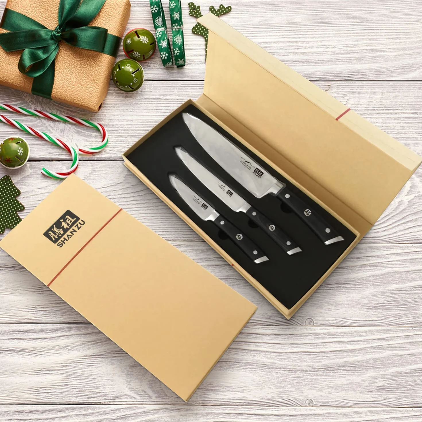 SHAN ZU Set Couteaux Cuisine, 3 Couteaux Japonais Acier Inoxydable, Couteau Chef Universel Paring