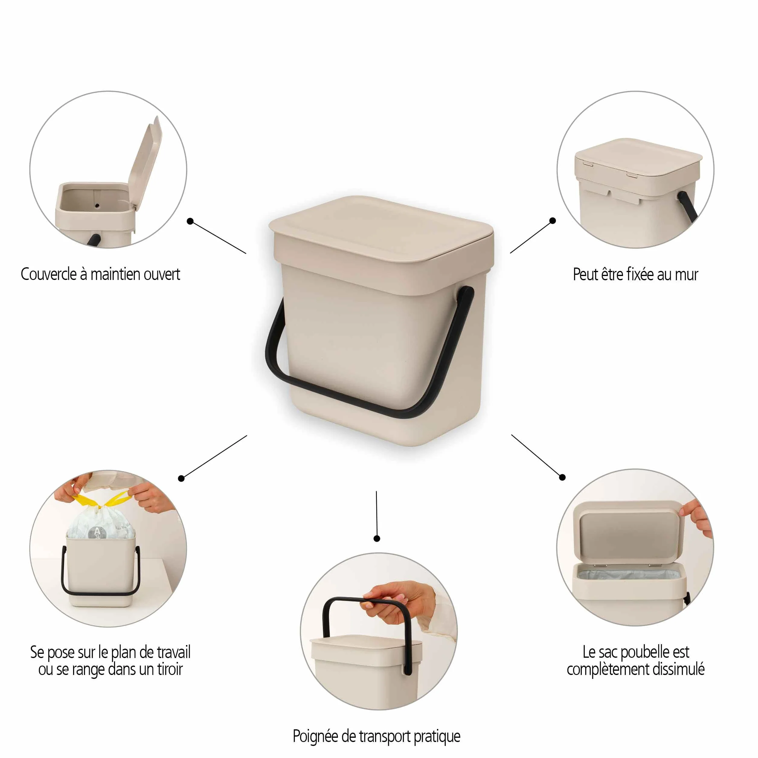 Brabantia Poubelle Sort & Go 3L Beige clair – Système de tri des déchets avec poignée de transport