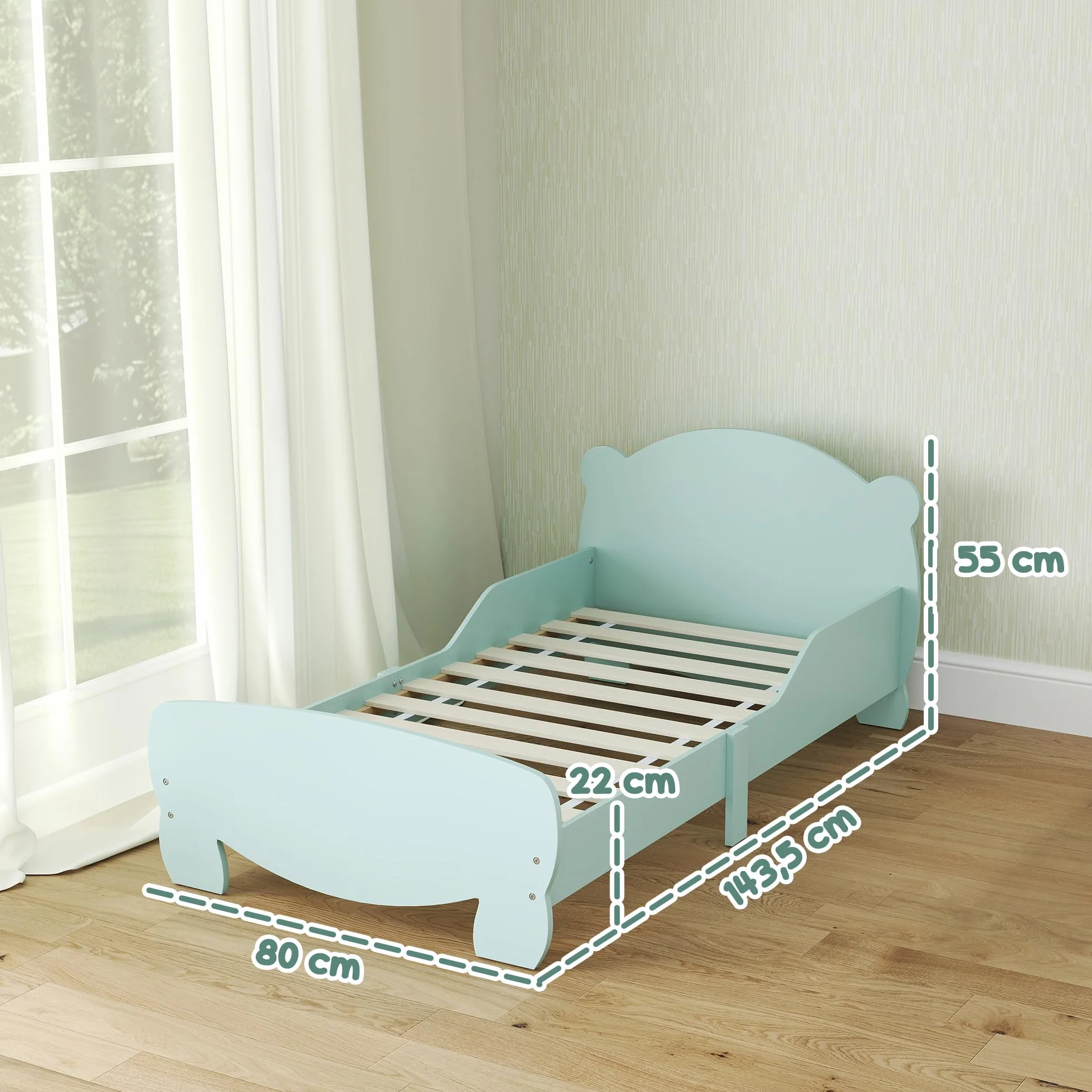 AIYAPLAY Lit Enfant lit au Sol Enfant 70x140 cm avec barrière de sécurité, sommier à Lattes Inclus et décorations d'ours, pour garçons et Filles de 3 à 6 Ans - Vert