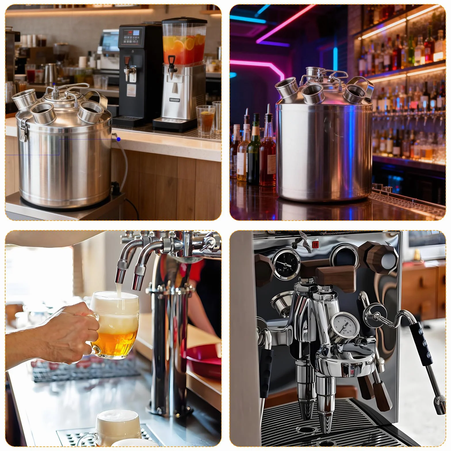 Fût de nettoyage de bière 10 l, en acier inoxydable, récipient de nettoyage à 4 têtes, avec brochettes A, S, G, D avec capuchon de fermeture pour machines à thé au lait et machines à jus